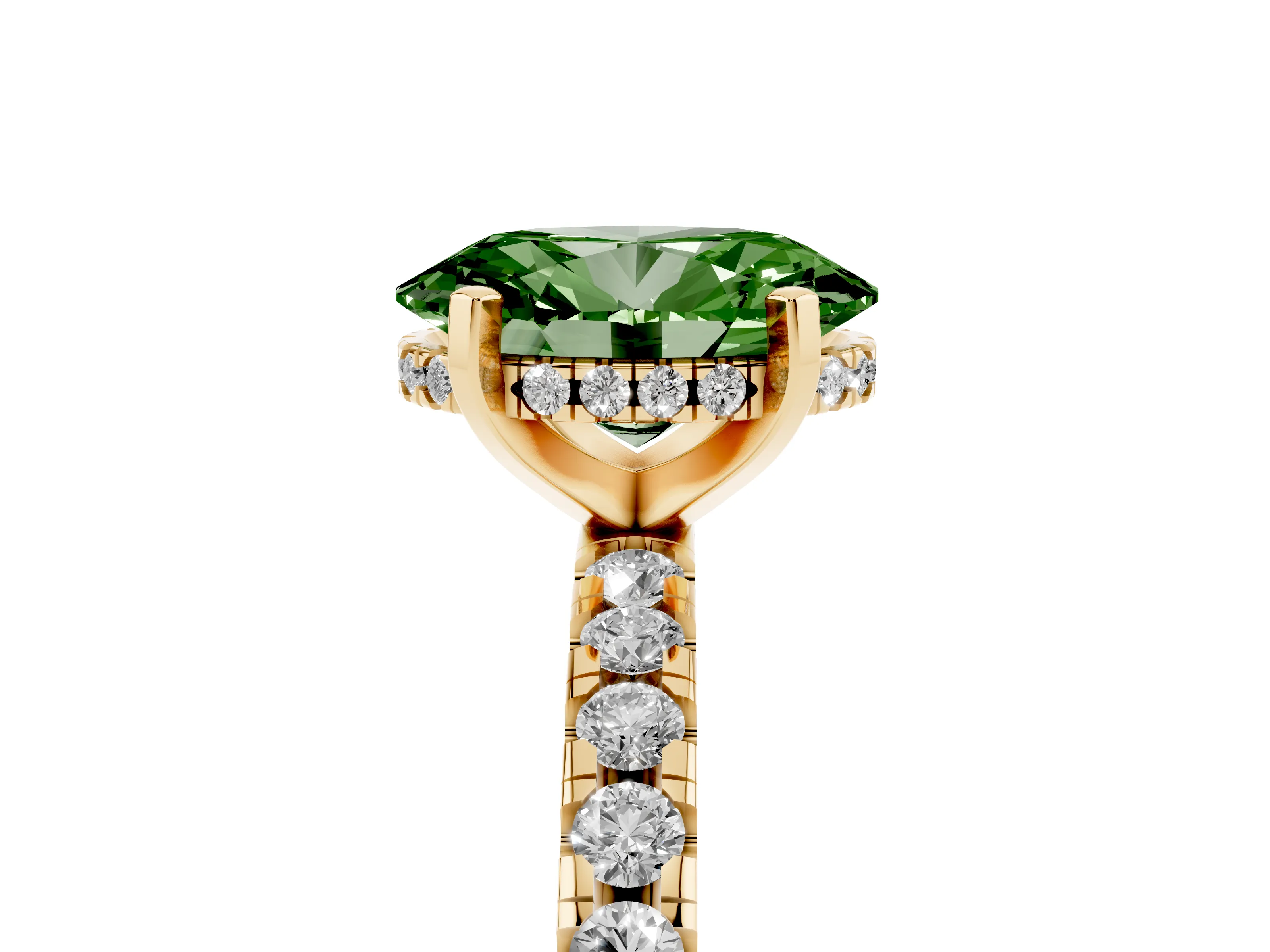 Fancy Green Oval Cut Diamond Pavé Solitaire Ring Set in Yellow gold with Round Band Accents and Prong Setting