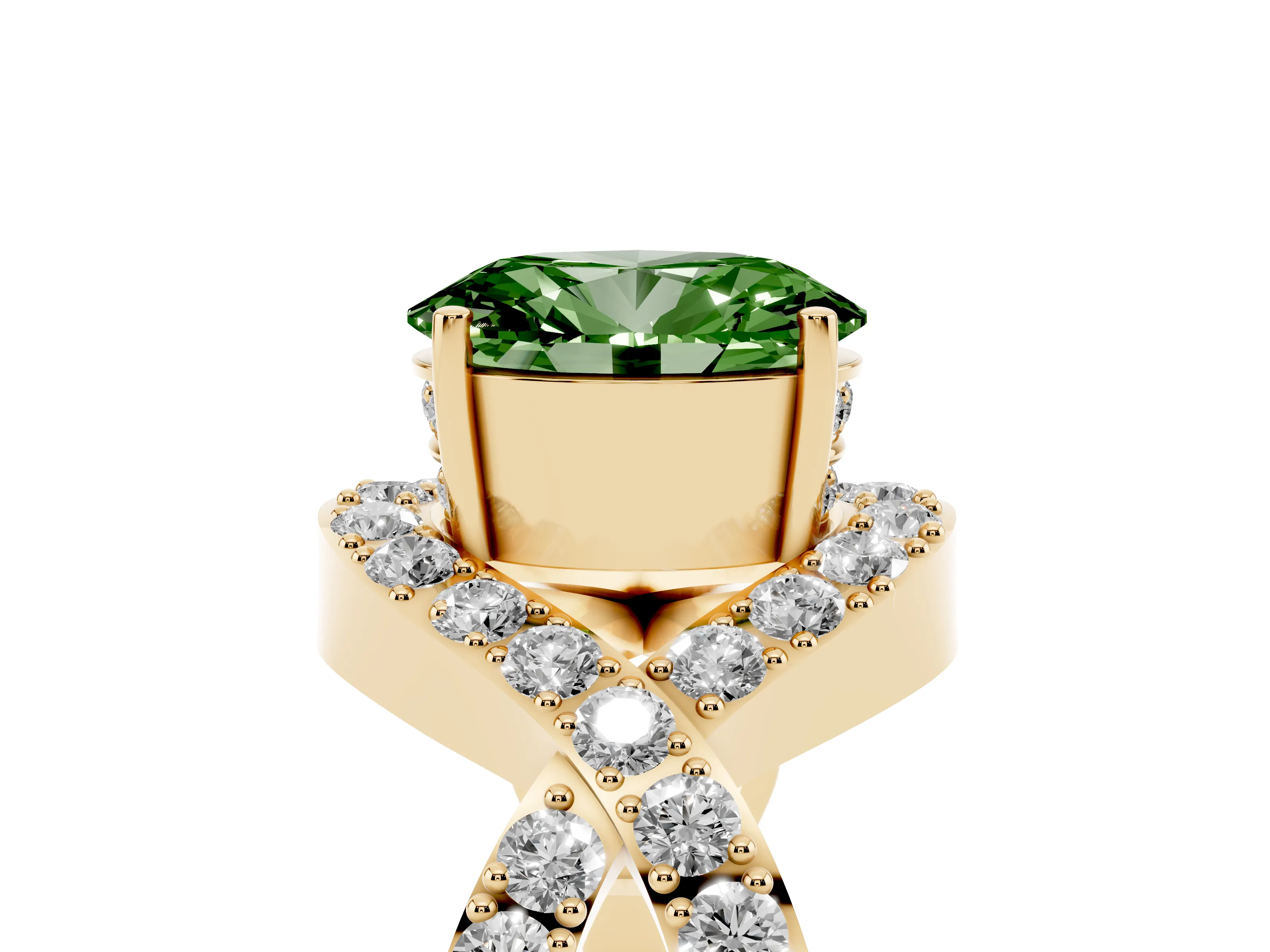 Fancy Green Oval Cut Diamond Solitaire Twist Band Pavé Engagement Ring Set in Yellow gold
