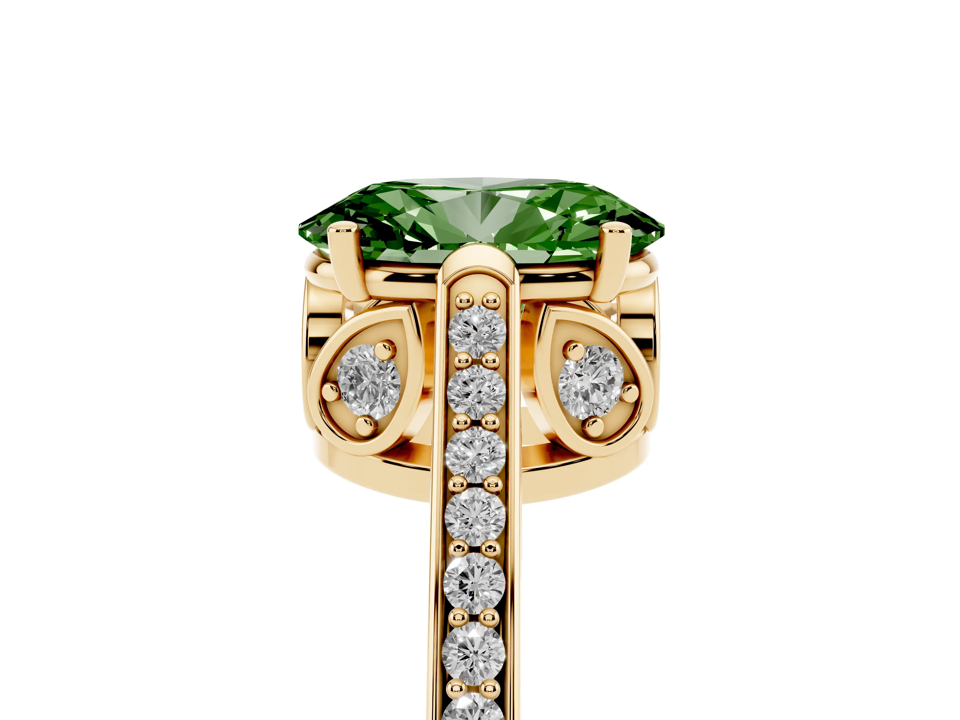 Fancy Green Oval Cut Diamond Cathedral Pavé Engagement Ring Set in Yellow gold with Prong Setting