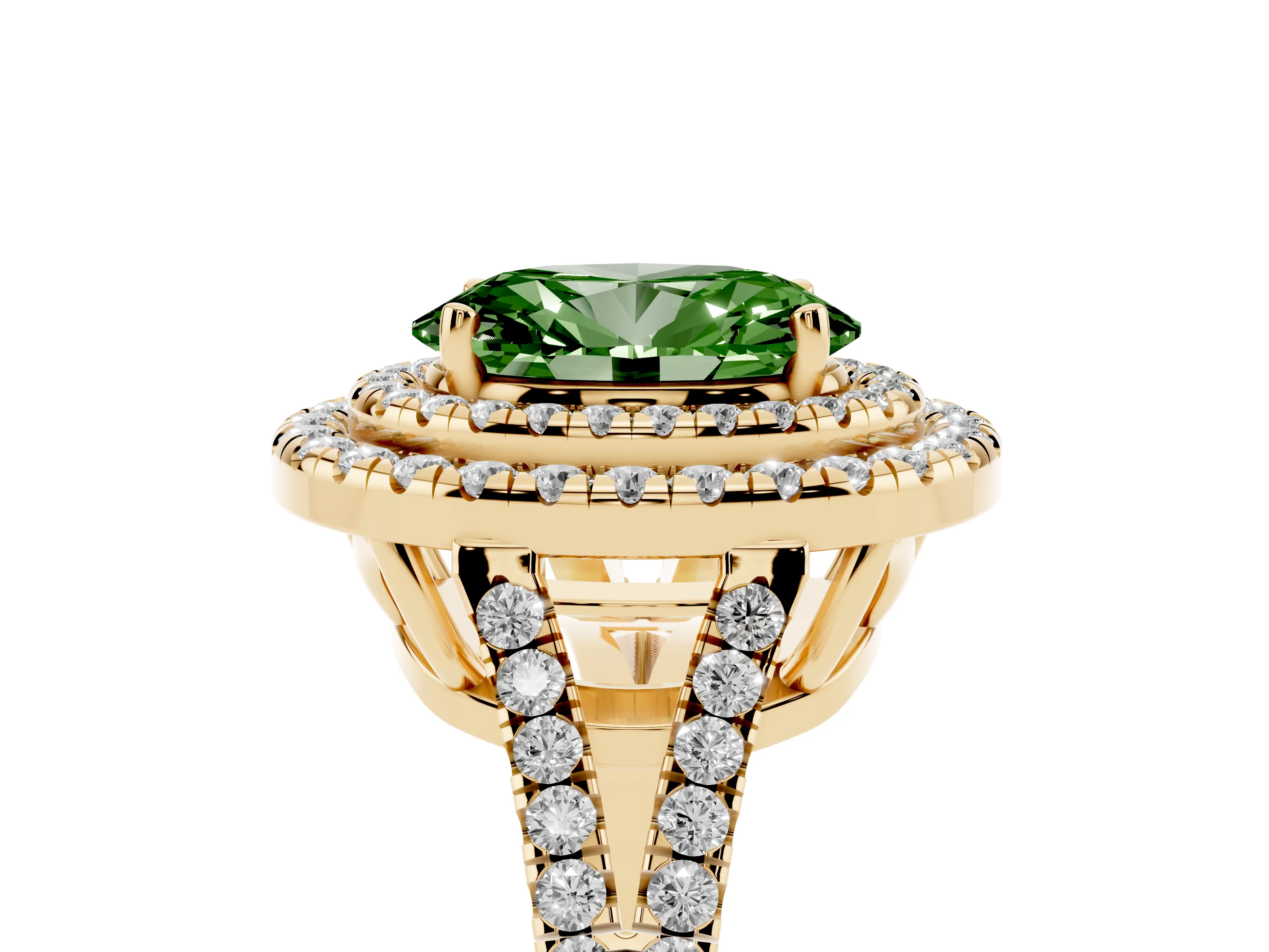 Fancy Green Oval Cut Diamond Double Halo Ring Set in Yellow gold with Pavé Band