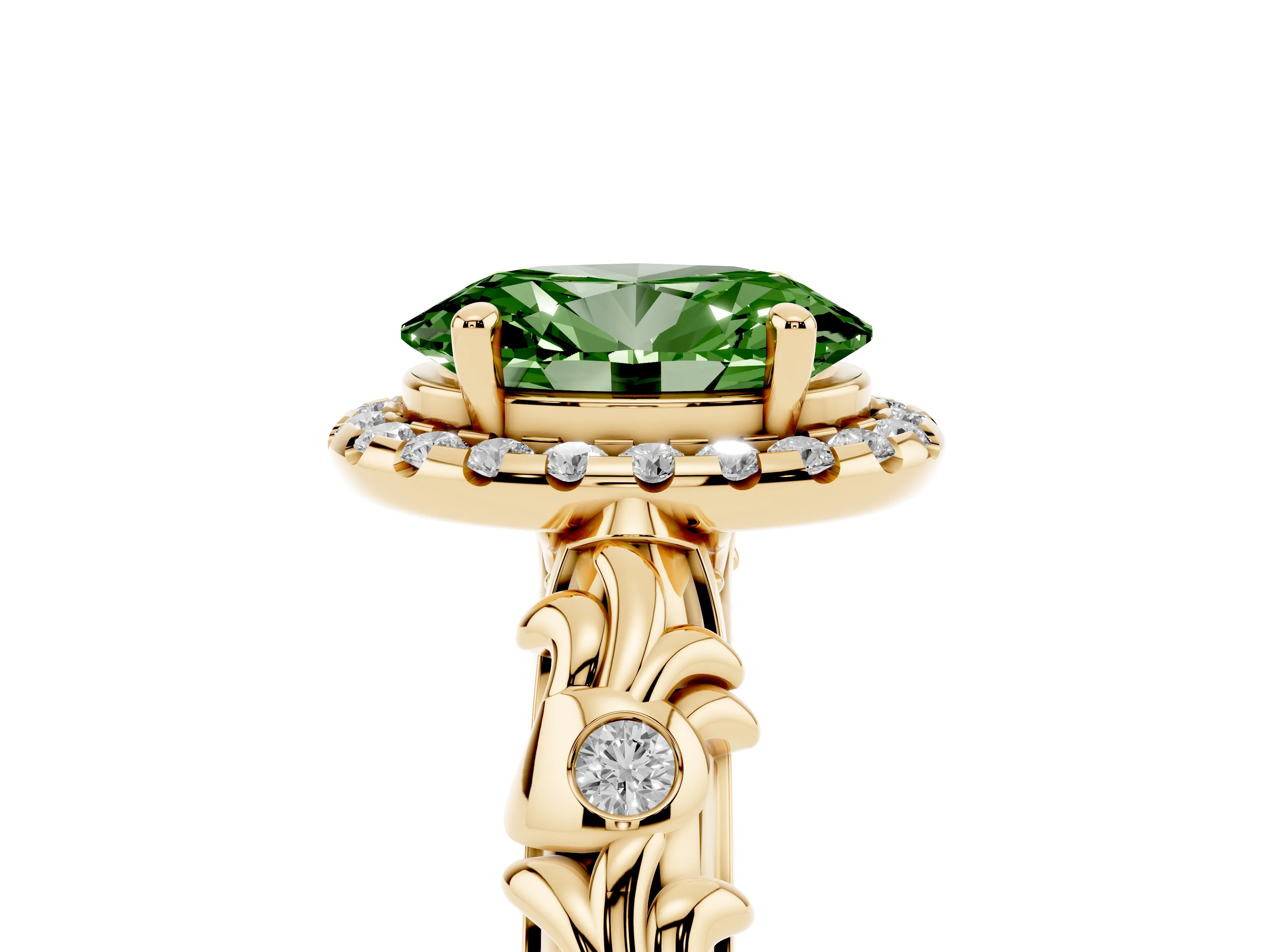 Fancy Green Oval Cut Diamond Halo Ring Set in Yellow gold with Filigree Leaf Band and Prong Setting