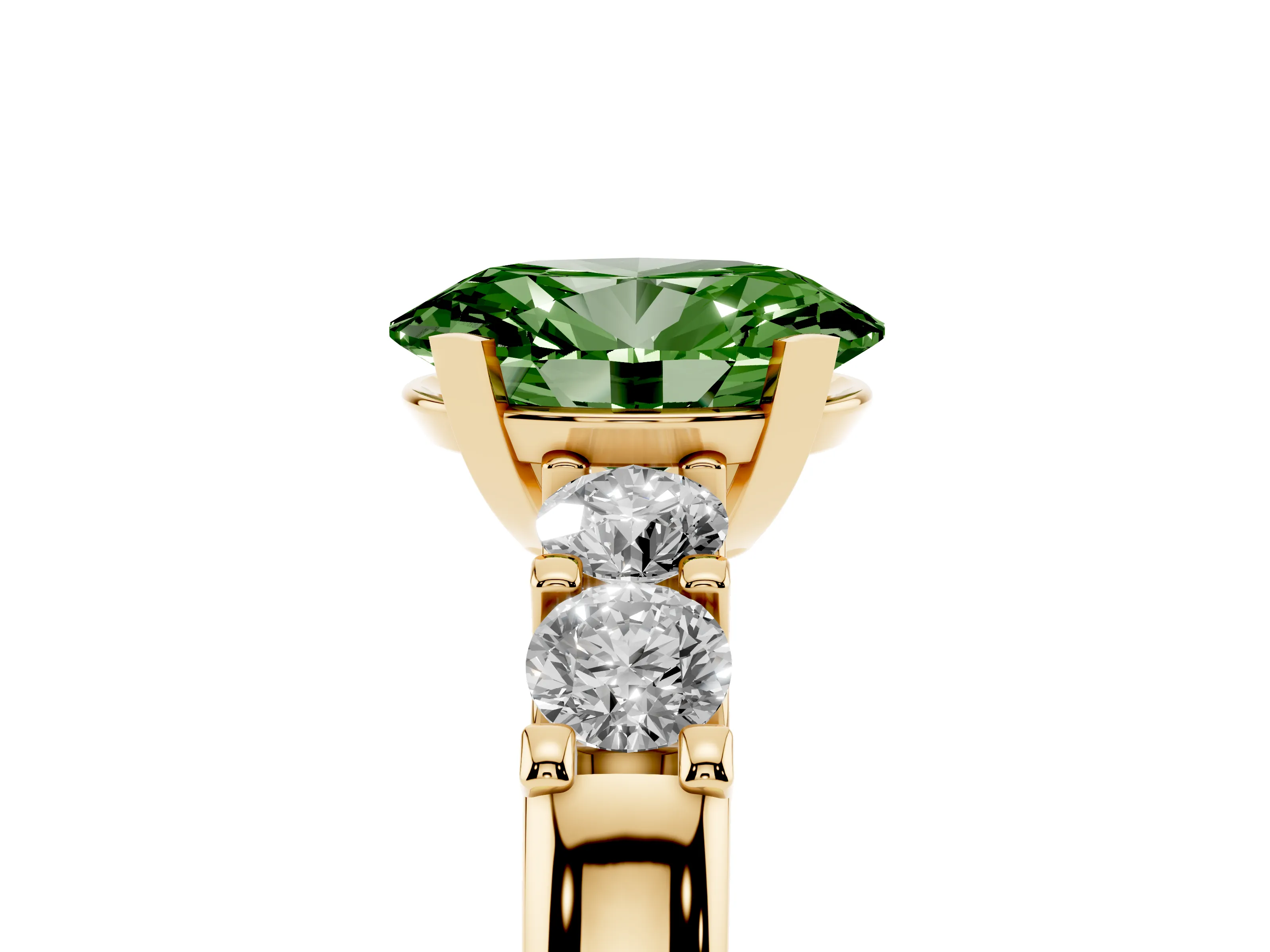 Fancy Green Oval Cut Diamond Five-Stone Prong Set Engagement Ring Set in Yellow gold with Channel Band