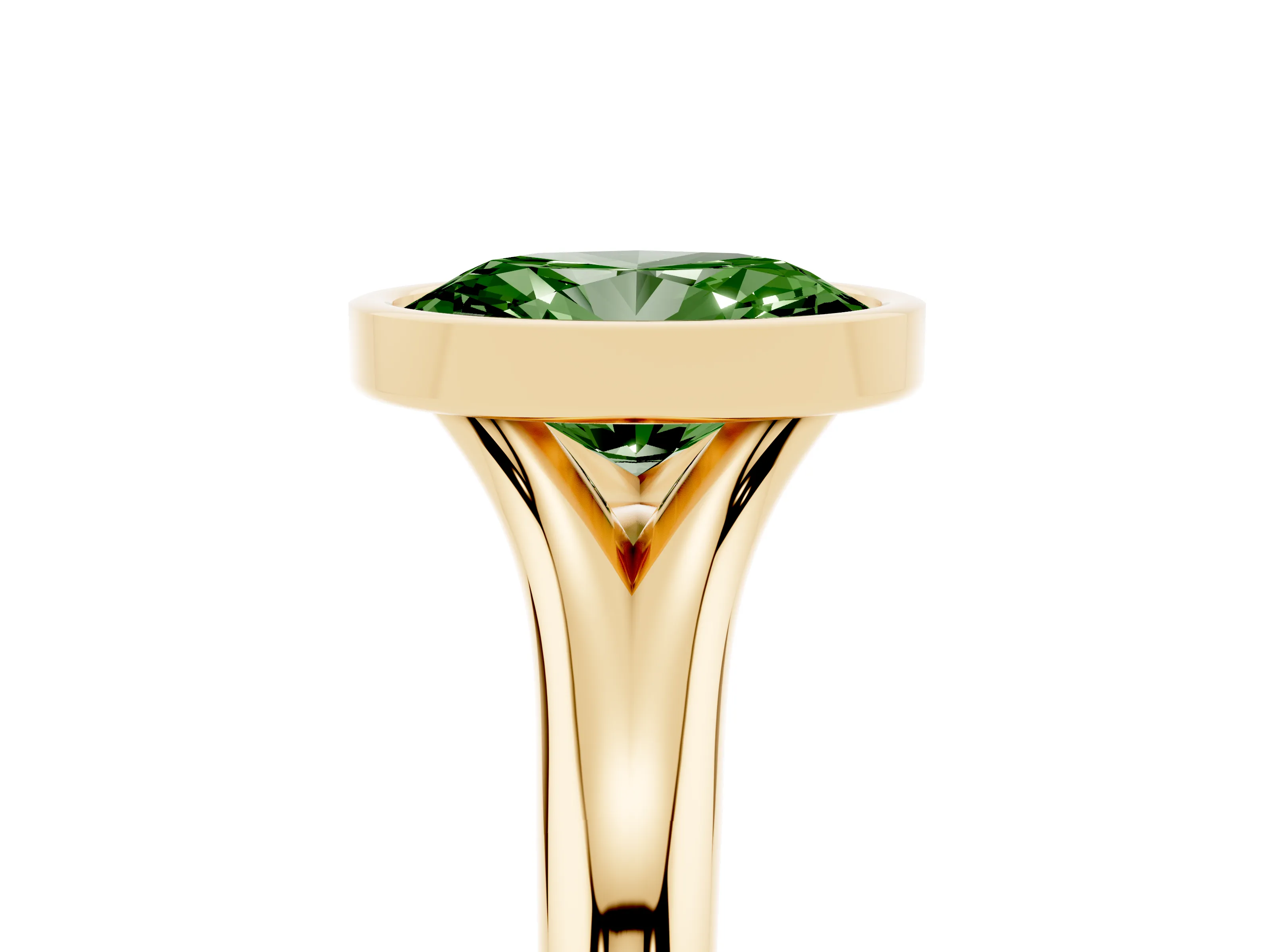 Fancy Green Bezel Set Oval Cut Diamond Solitaire Ring Set in Yellow gold with Smooth Band