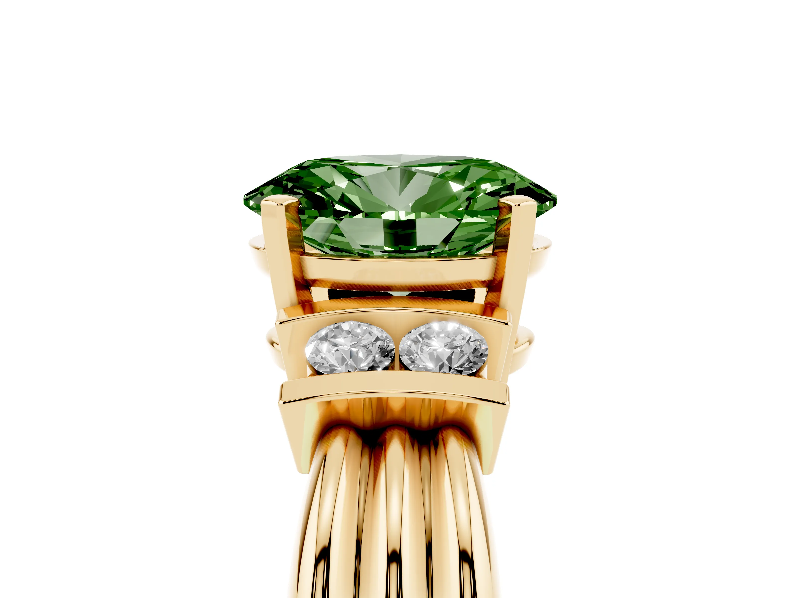 Fancy Green Three-Stone Oval Cut Diamond Channel Set Ring Set in Yellow gold with Bar Prongs