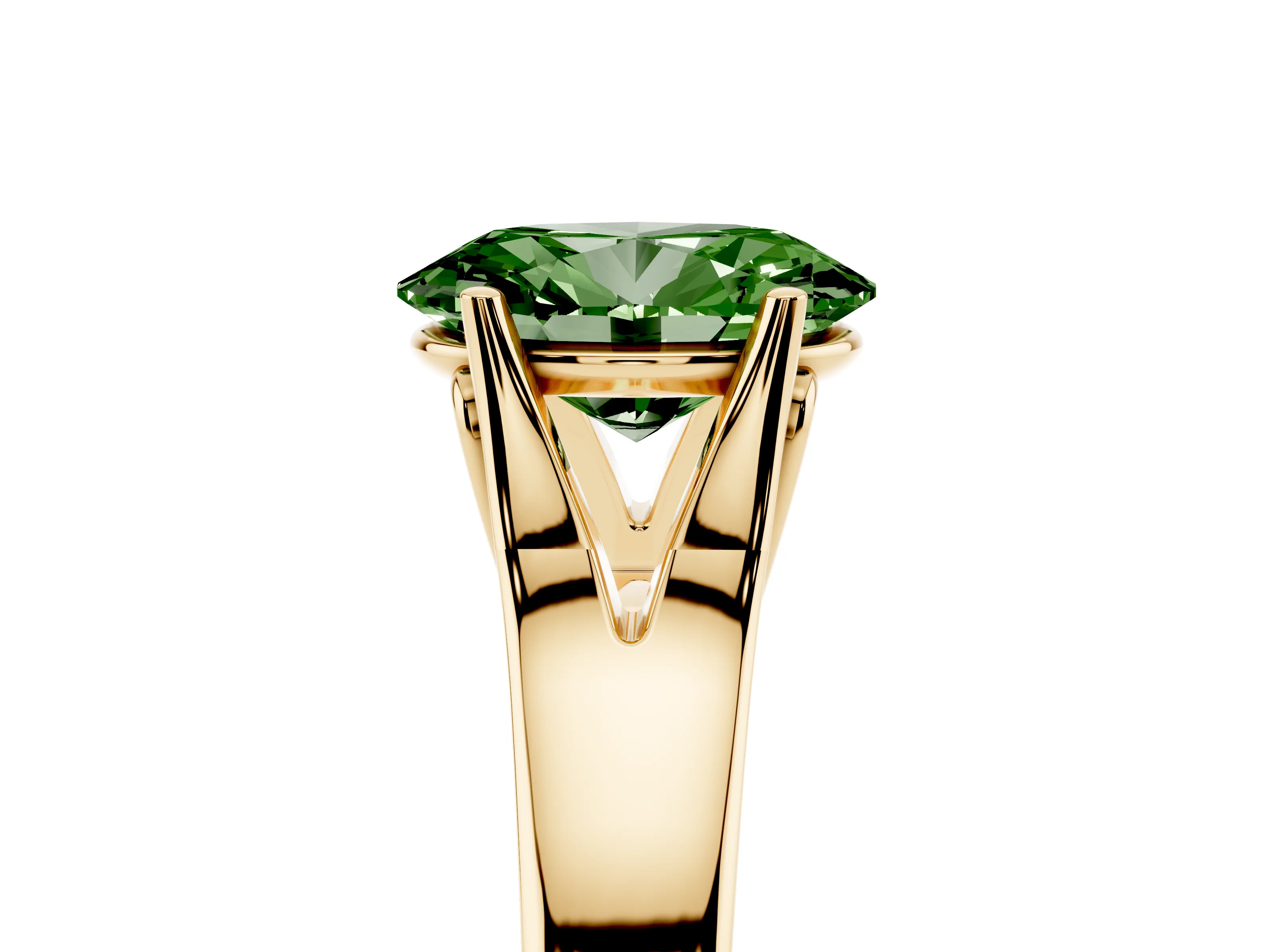 Fancy Green Oval Cut Diamond Solitaire Ring Set in Yellow gold with Arched Cathedral Band and Prong Setting