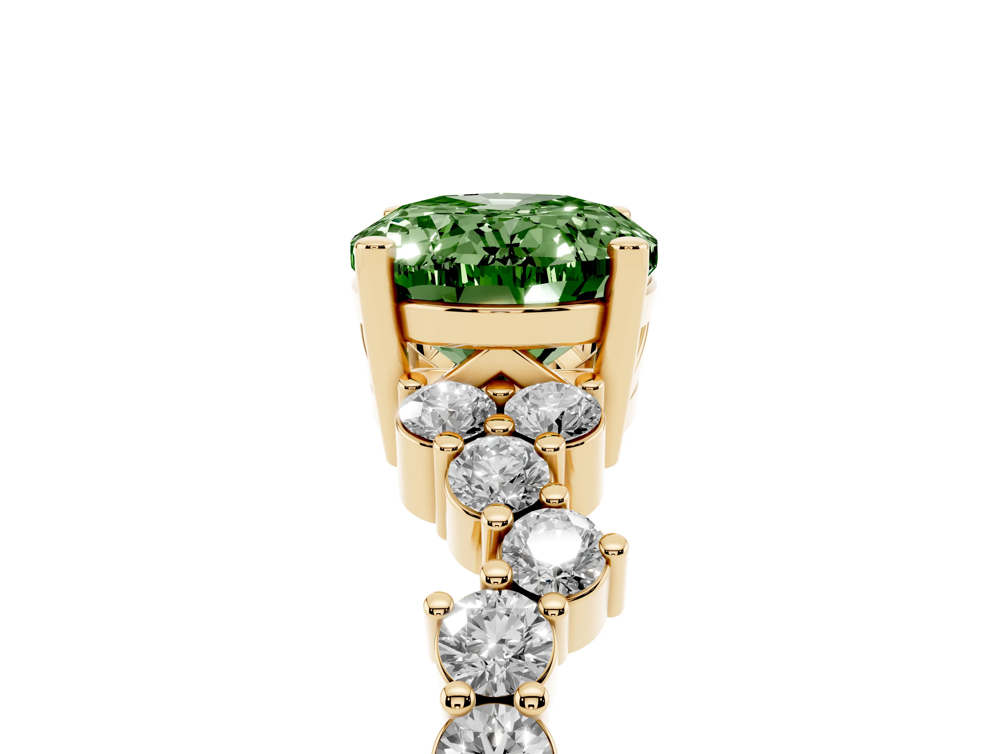 Fancy Green Oval Cut Diamond Ring Set in Yellow gold with Scattered Round Accents