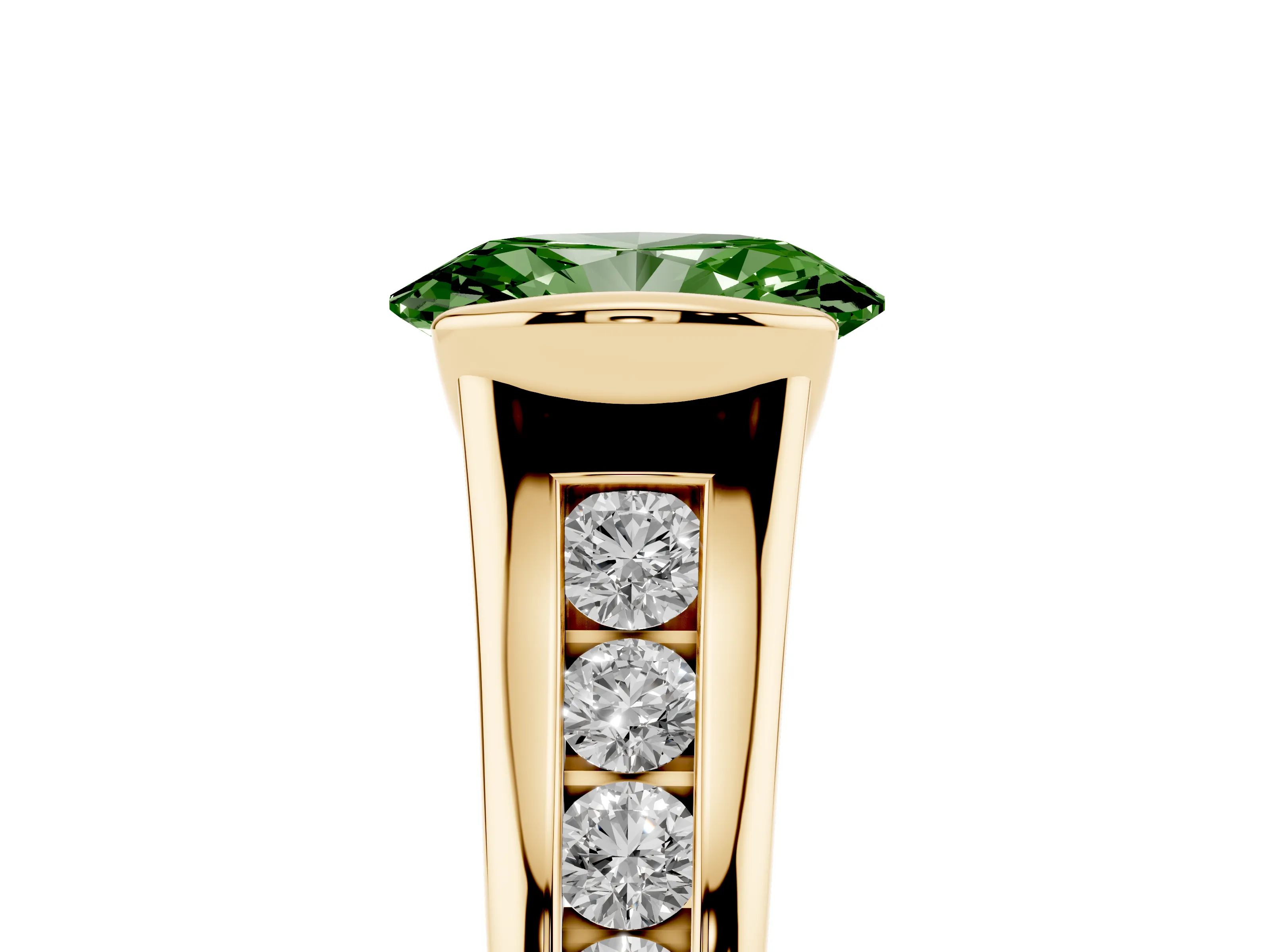 Fancy Green Oval Cut Diamond Bezel-Set Solitaire Ring Set in Yellow gold with Channel-Set Band