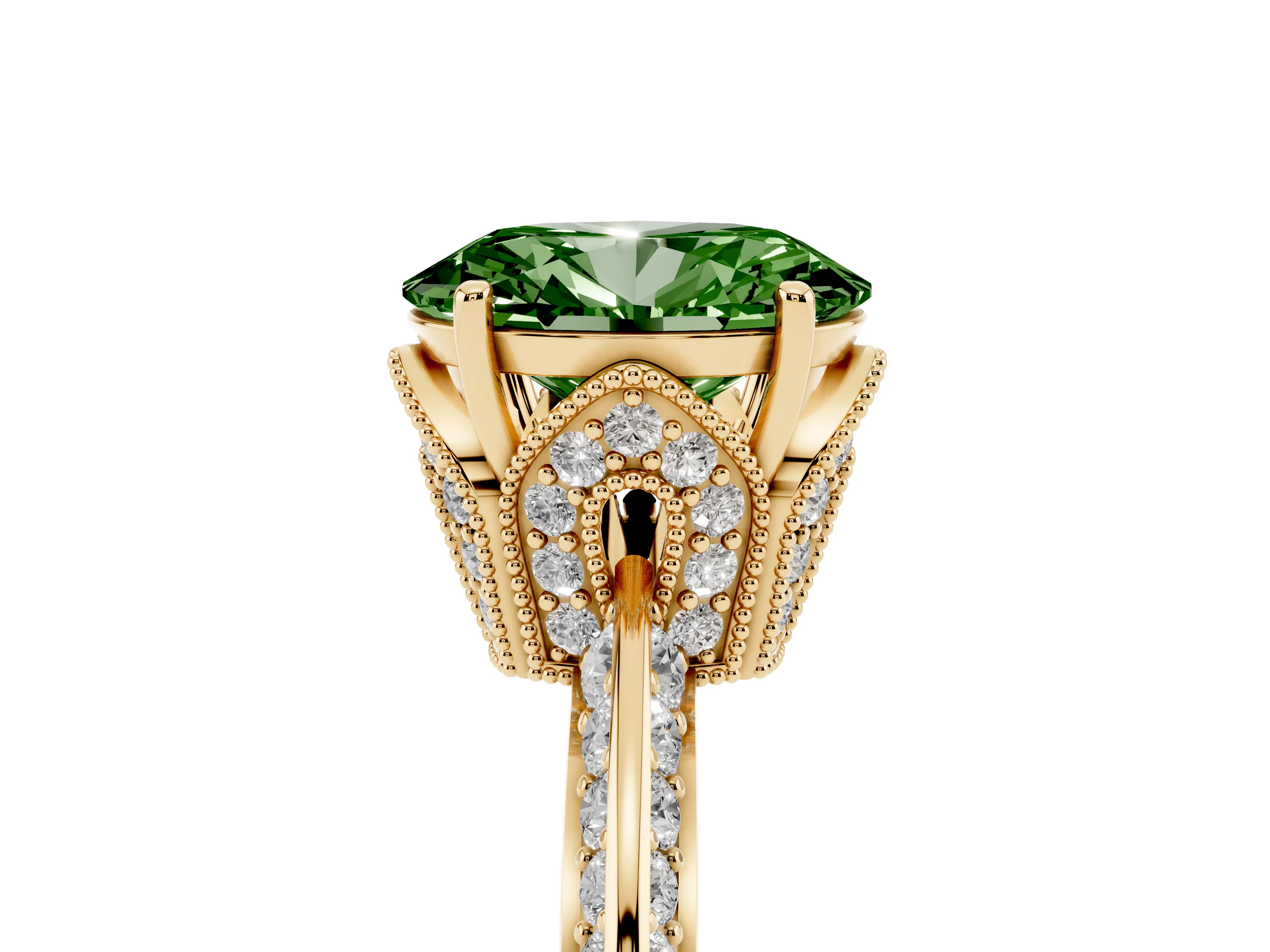 Fancy Green Oval Cut Diamond Solitaire Engagement Ring Set in Yellow gold with Pavé Split Shank and Prong Setting