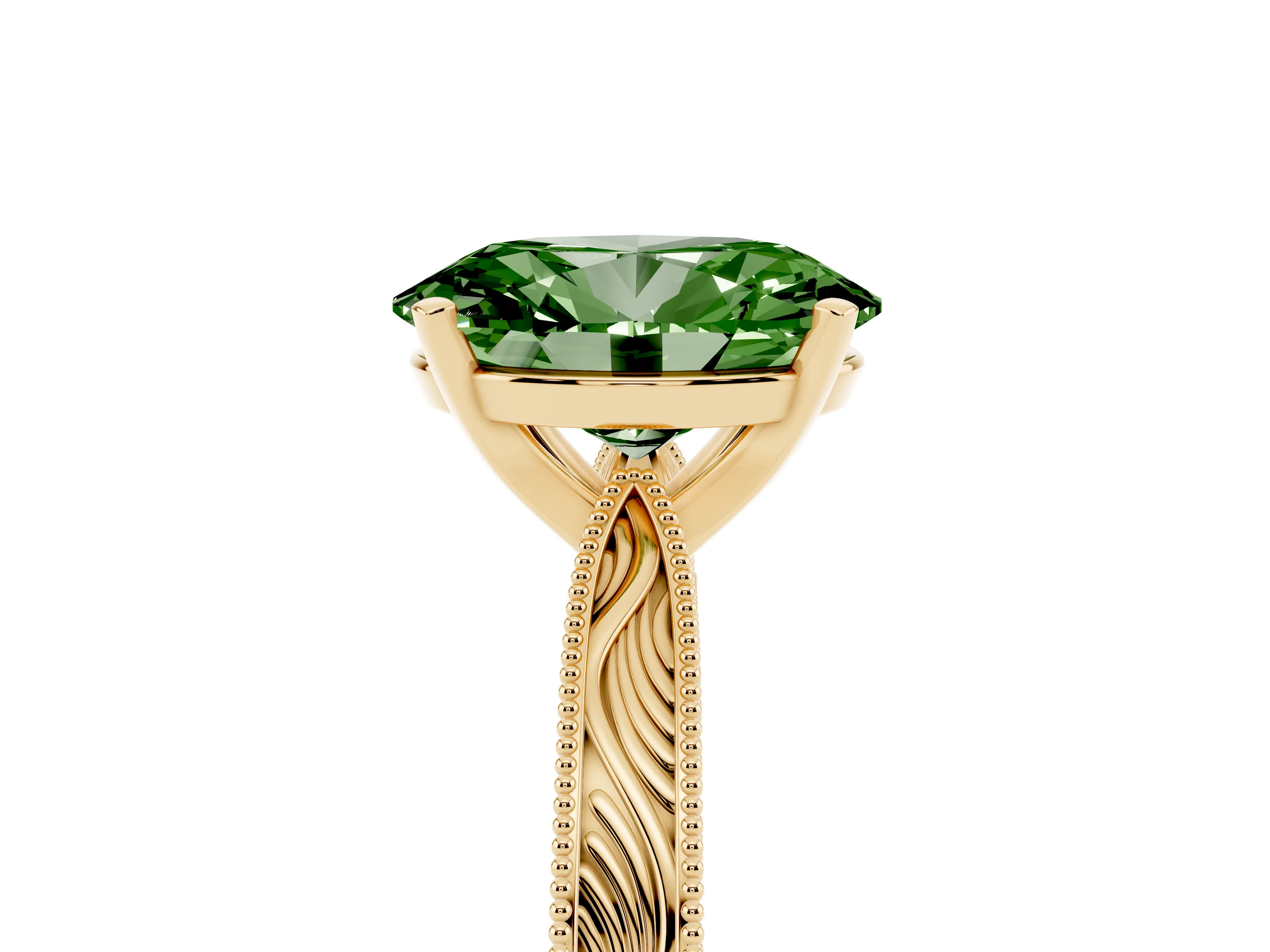 Fancy Green Oval Cut Diamond Solitaire Milgrain Engraved Band Set in Yellow gold with Prong Setting