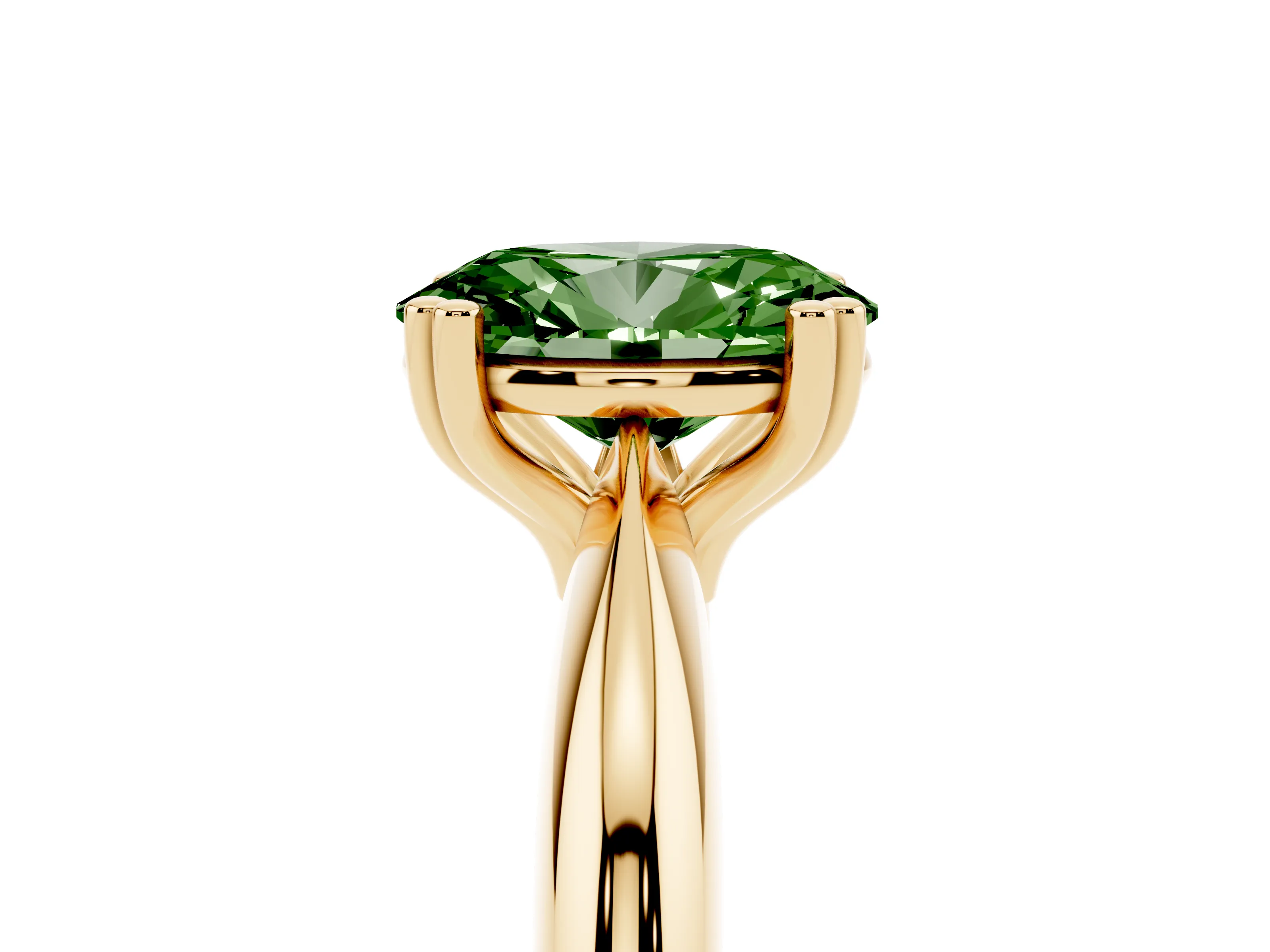 Fancy Green Oval Cut Diamond Solitaire Engagement Ring Set in Yellow gold with Tapered Band and Prong Setting