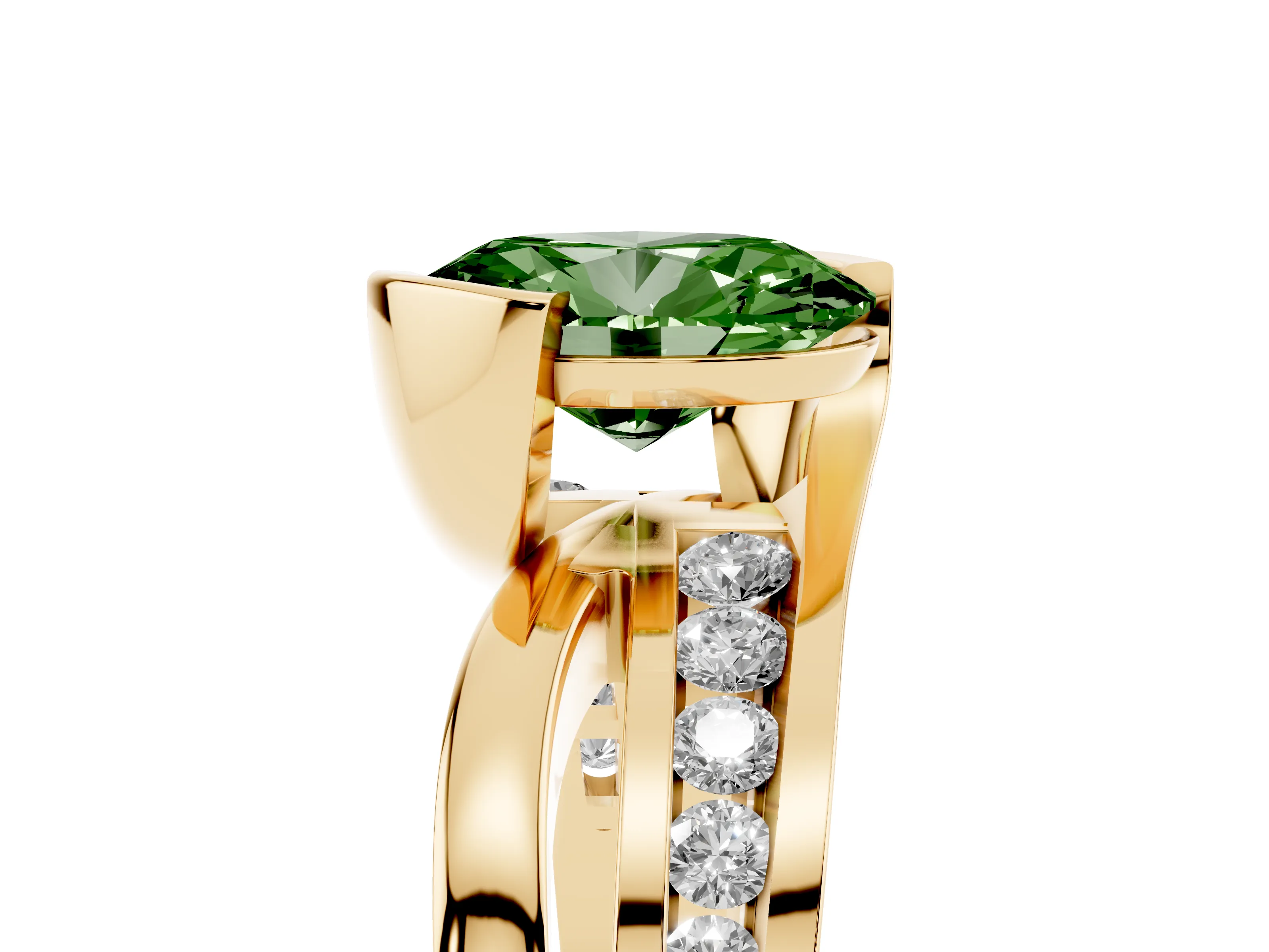 Fancy Green Oval Cut Diamond Solitaire Ring Set in Yellow gold with Channel Set Split Shank and Tension Prongs