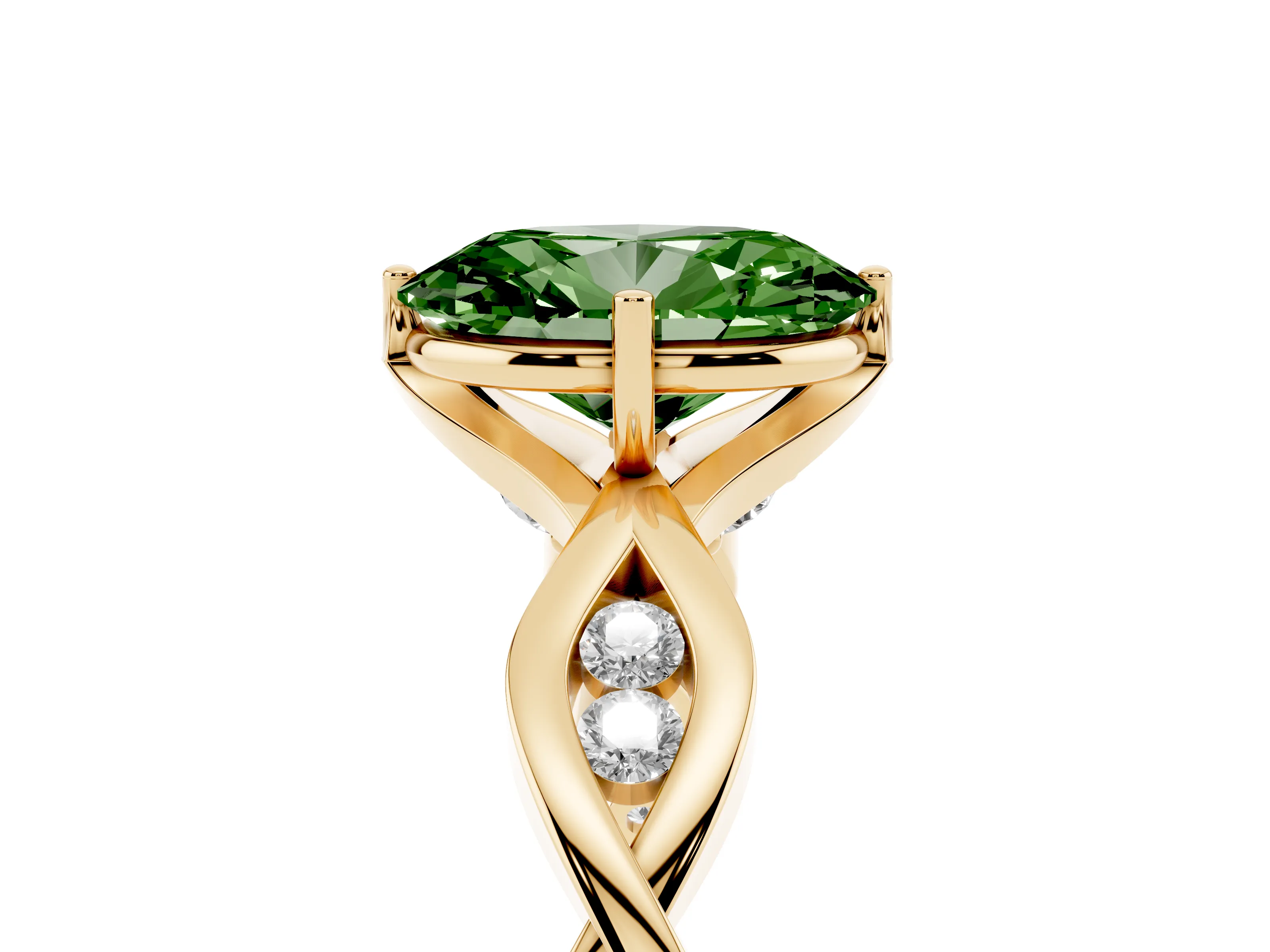 Fancy Green Oval Cut Diamond Twist Band Solitaire Ring Set in Yellow gold with Leaf Prong Setting and Accent Stones