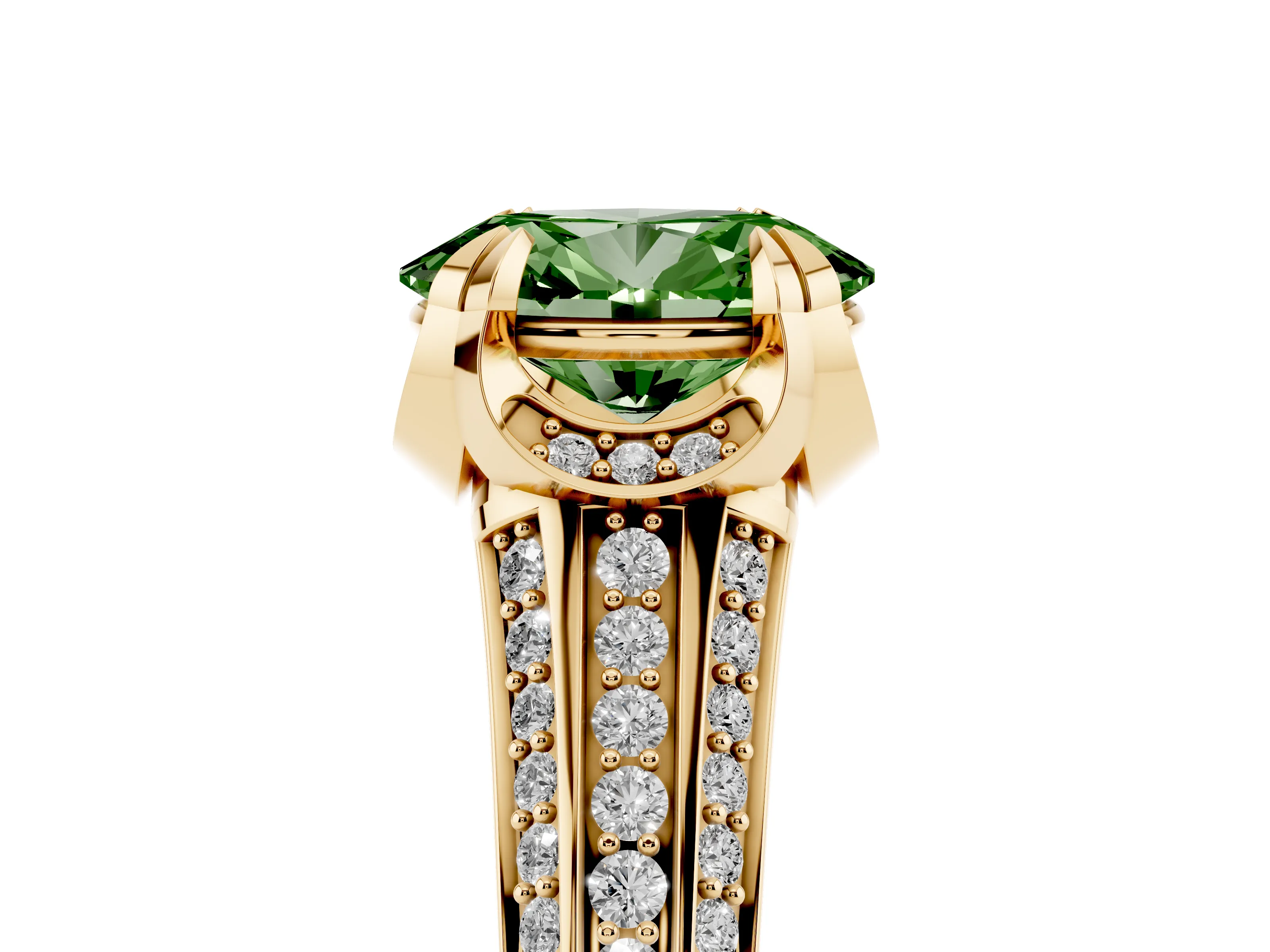 Fancy Green Oval Cut Diamond Pavé Split Shank Solitaire Ring Set in Yellow gold with Prong Setting
