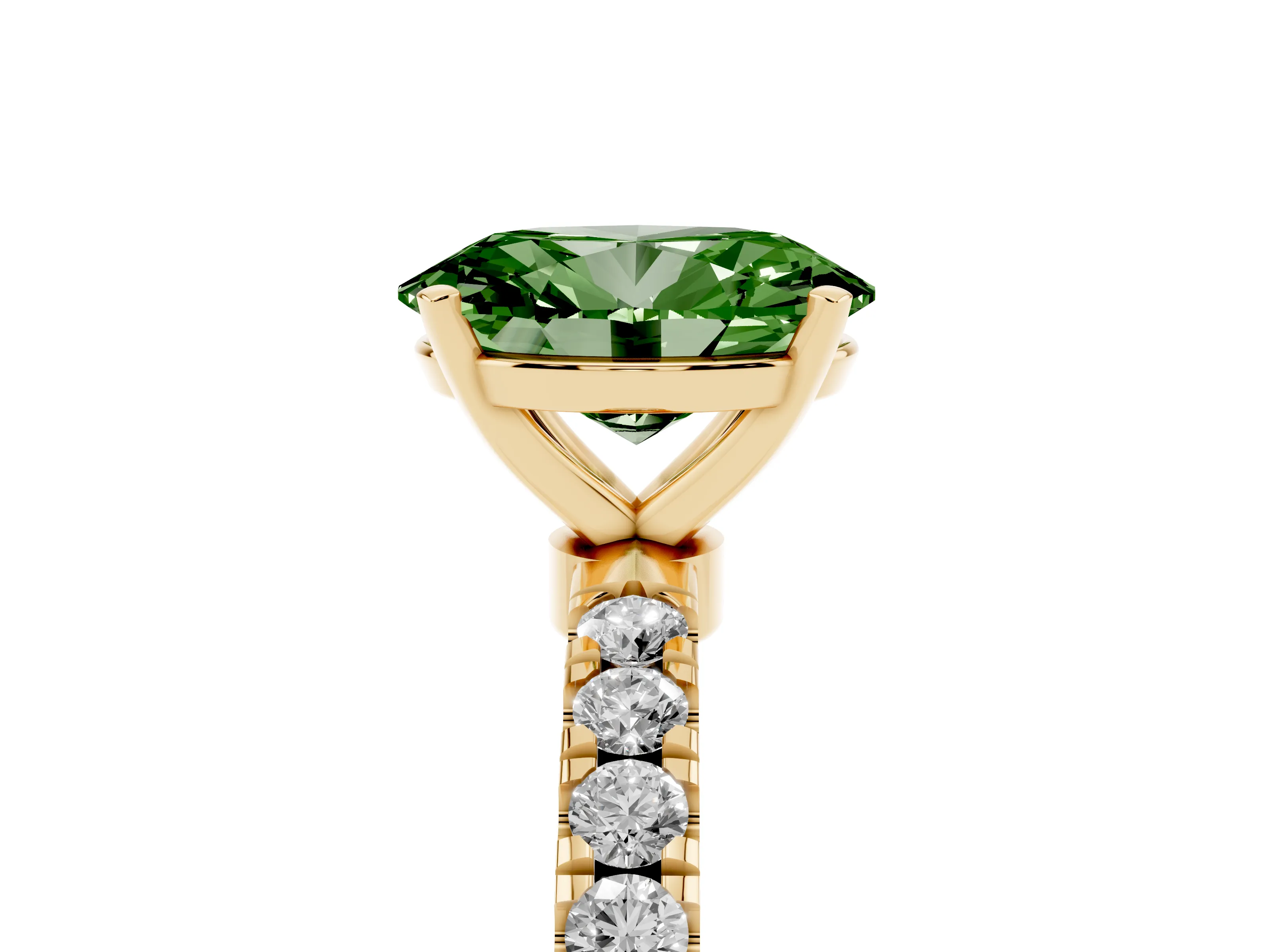 Fancy Green Oval Cut Diamond Solitaire Ring Set in Yellow gold with Pavé Accents and Prong Setting