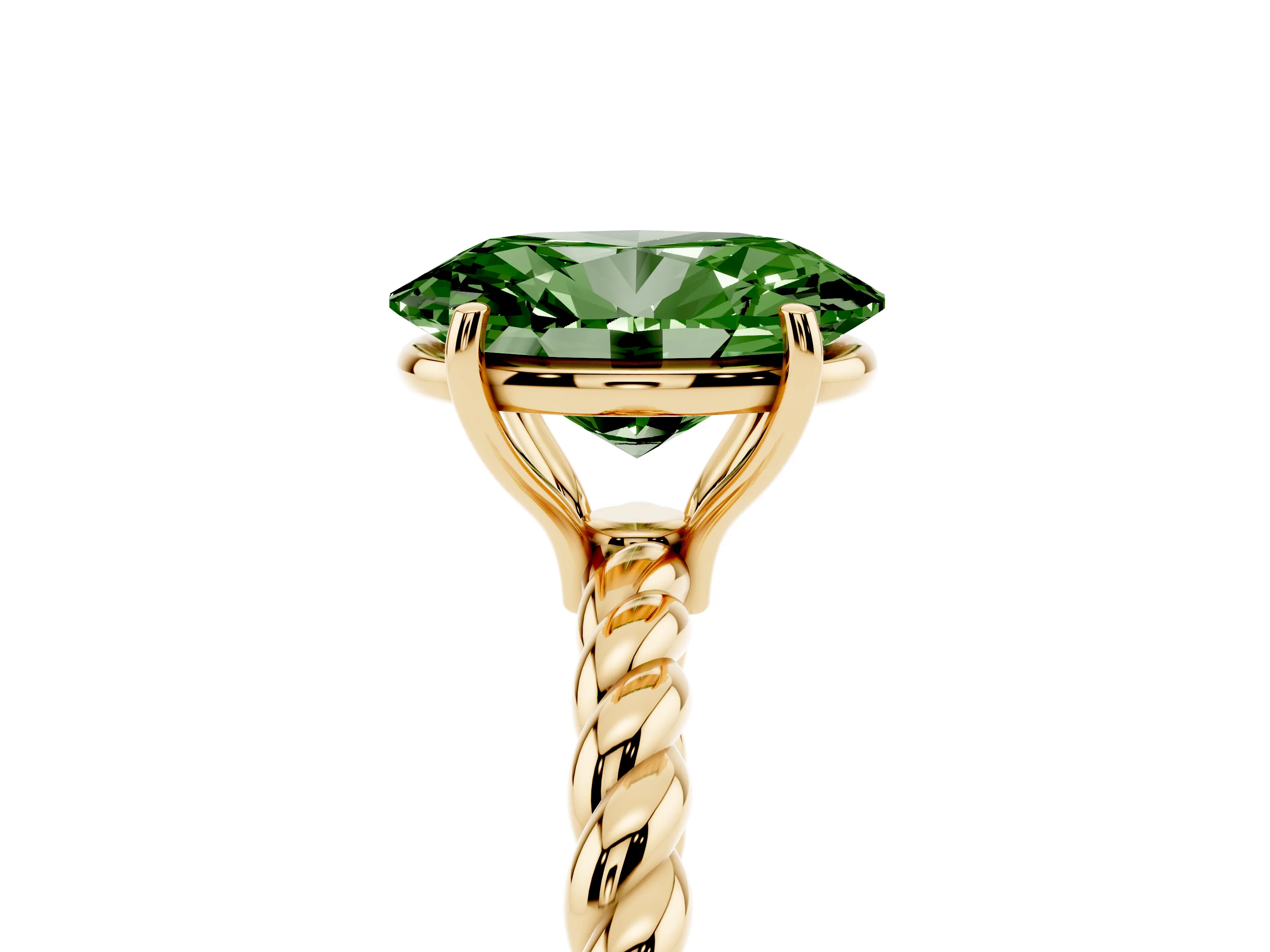 Fancy Green Oval Cut Diamond Solitaire Twisted Band Ring Set in Yellow gold with Prong Solitaire Setting