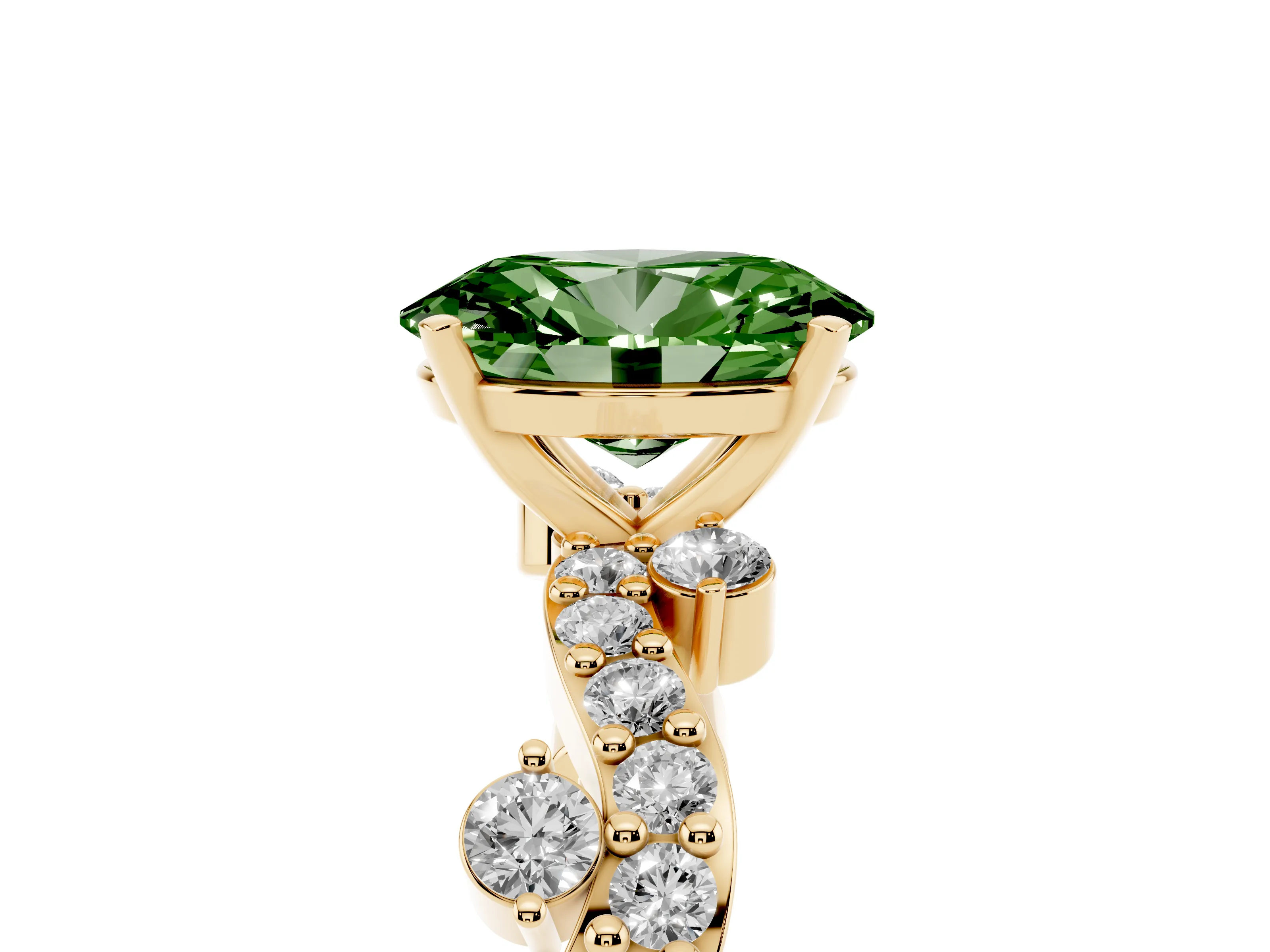 Fancy Green Oval Cut Diamond Solitaire Twisted Band Set in Yellow gold with Pavé Setting