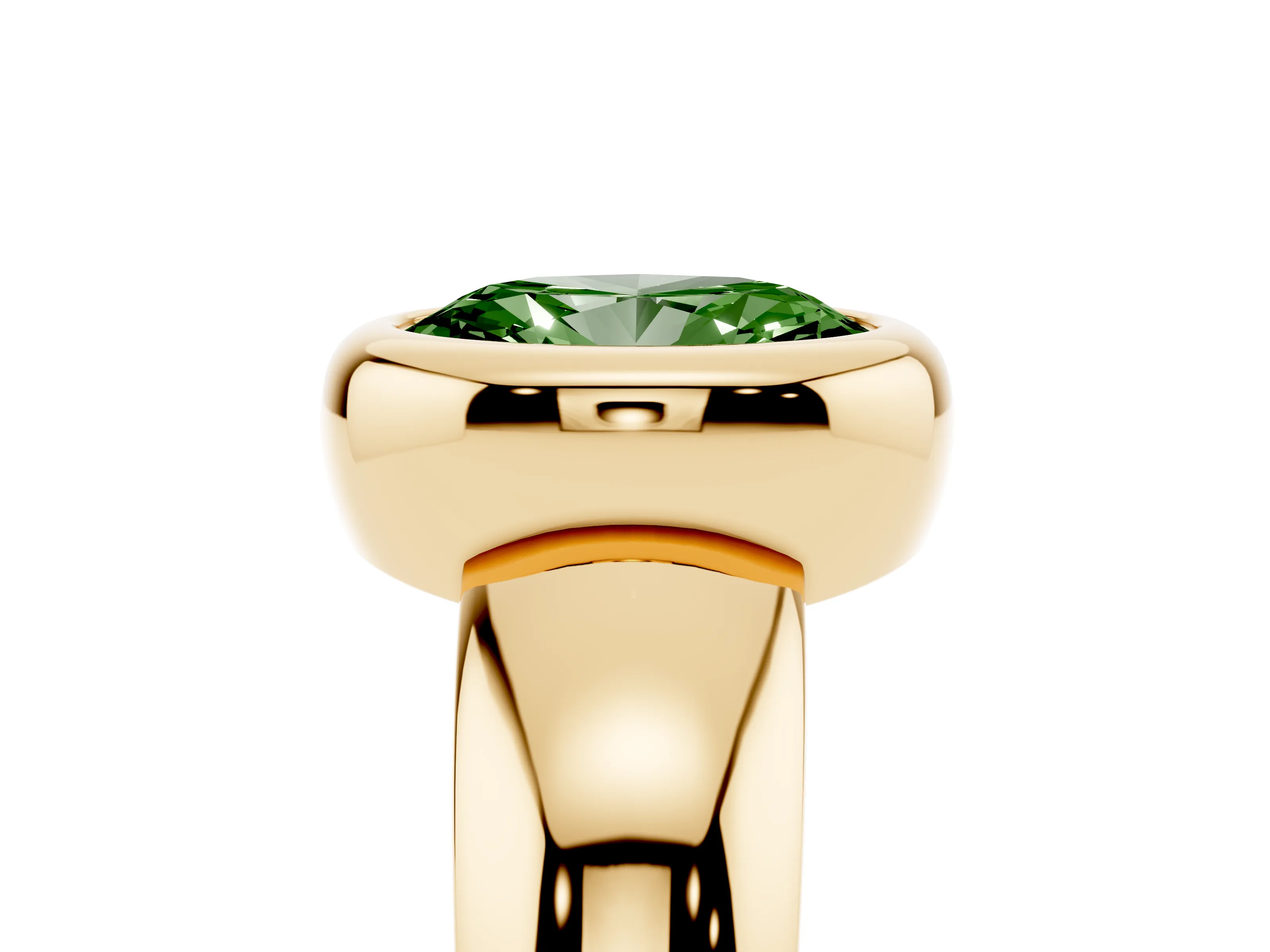 Fancy Green Bezel Set Oval Cut Diamond Solitaire Ring Set in Yellow gold with Wide Band
