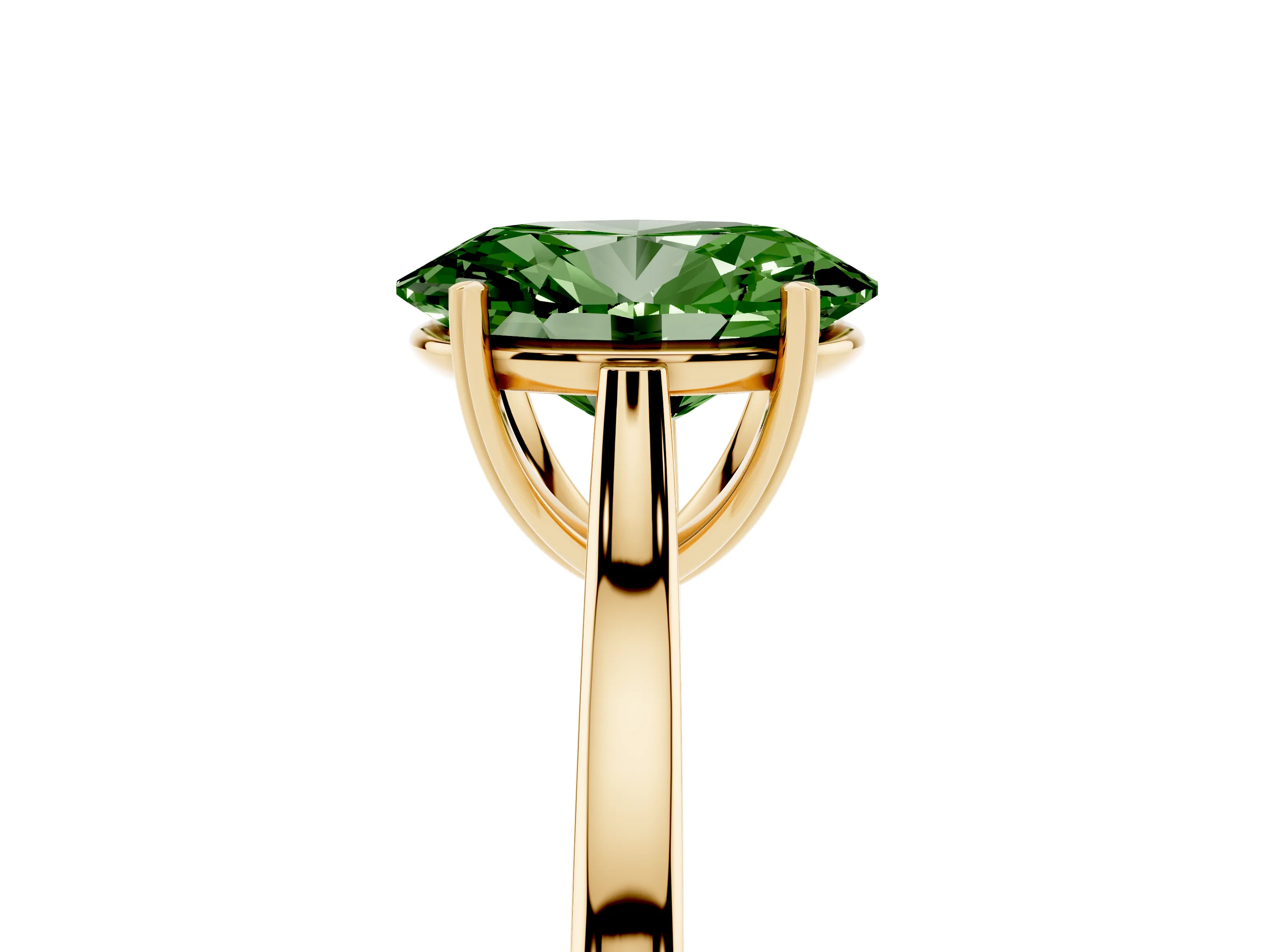 Fancy Green Oval Cut Diamond Solitaire Heart Prong Engagement Ring Set in Yellow gold with Tapered Band