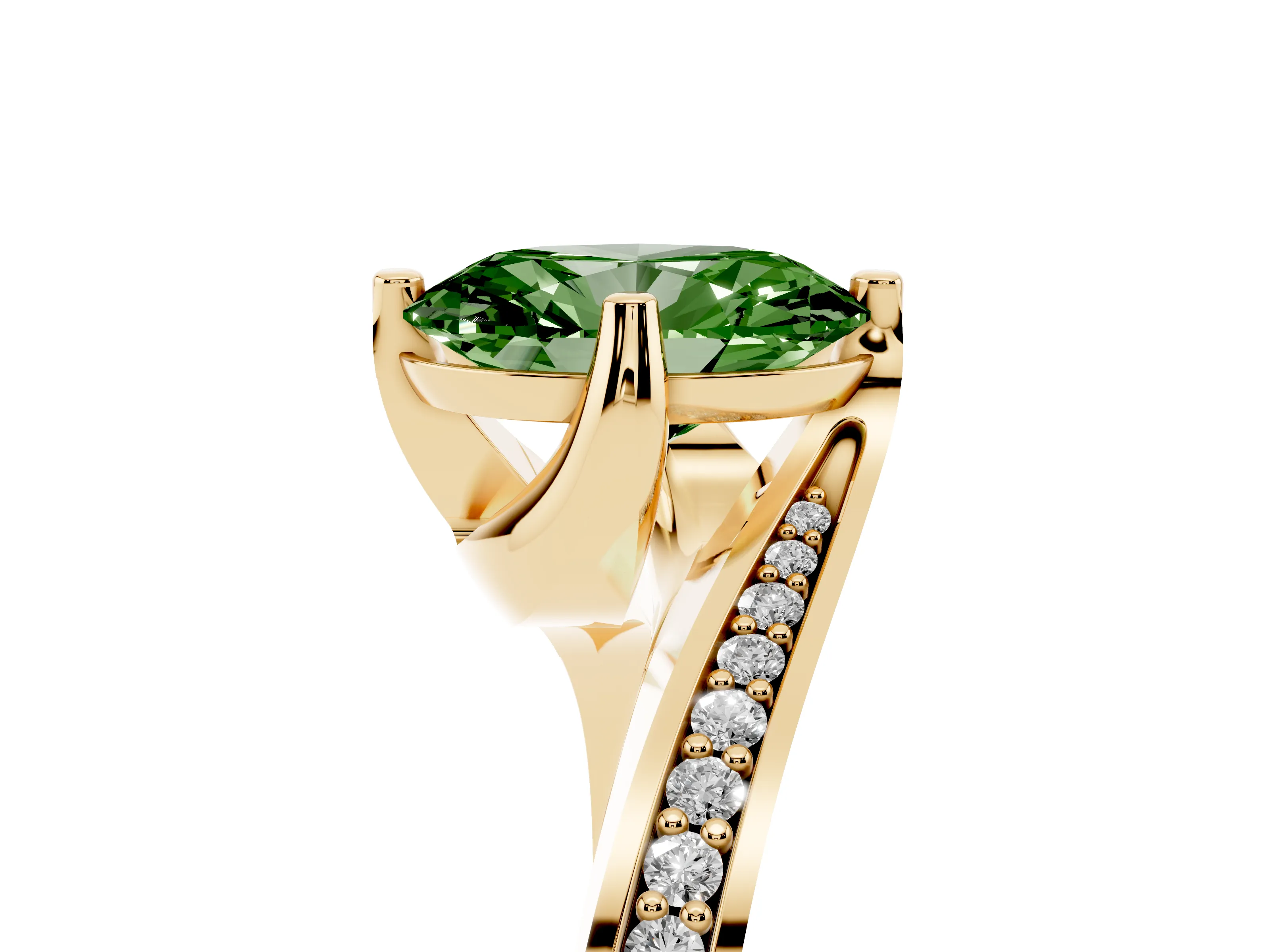 Fancy Green Oval Cut Diamond Solitaire Ring Set in Yellow gold with Intertwined Pavé Twist Band