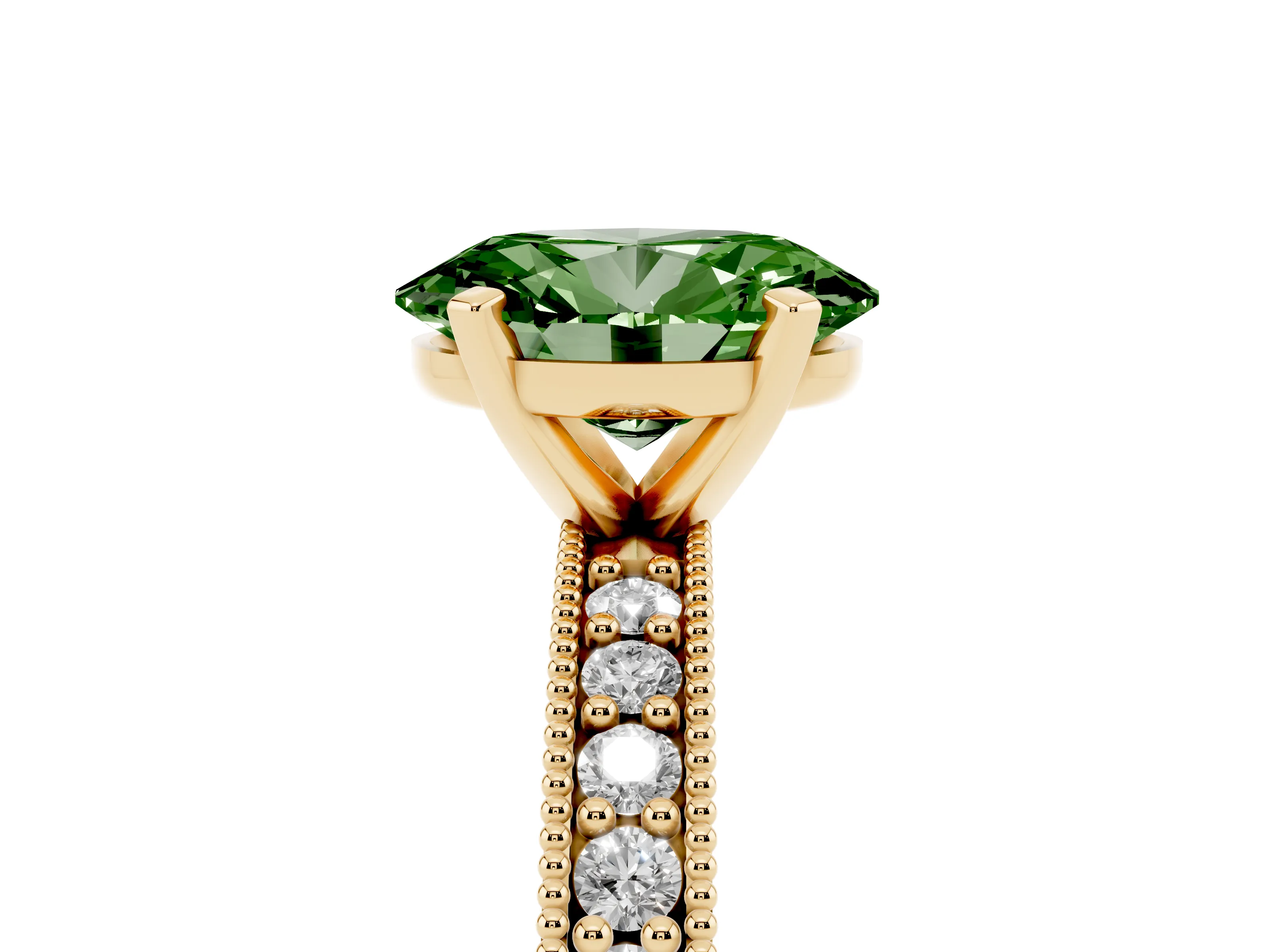 Fancy Green Oval Cut Diamond Milgrain Pavé Engagement Ring Set in Yellow gold with Prong Setting