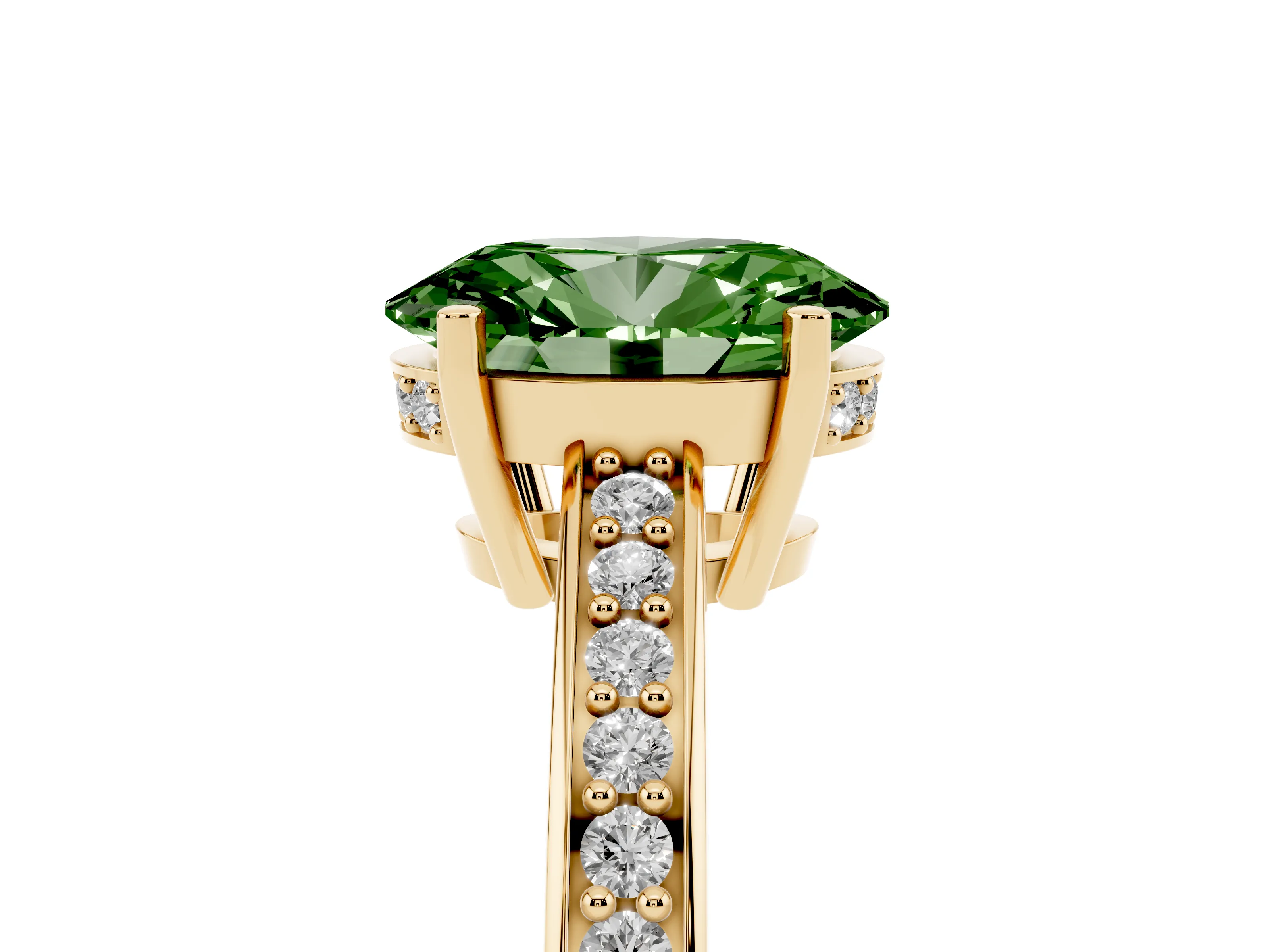 Fancy Green Oval Cut Diamond Pavé Band Prong Set Solitaire Ring Set in Yellow gold