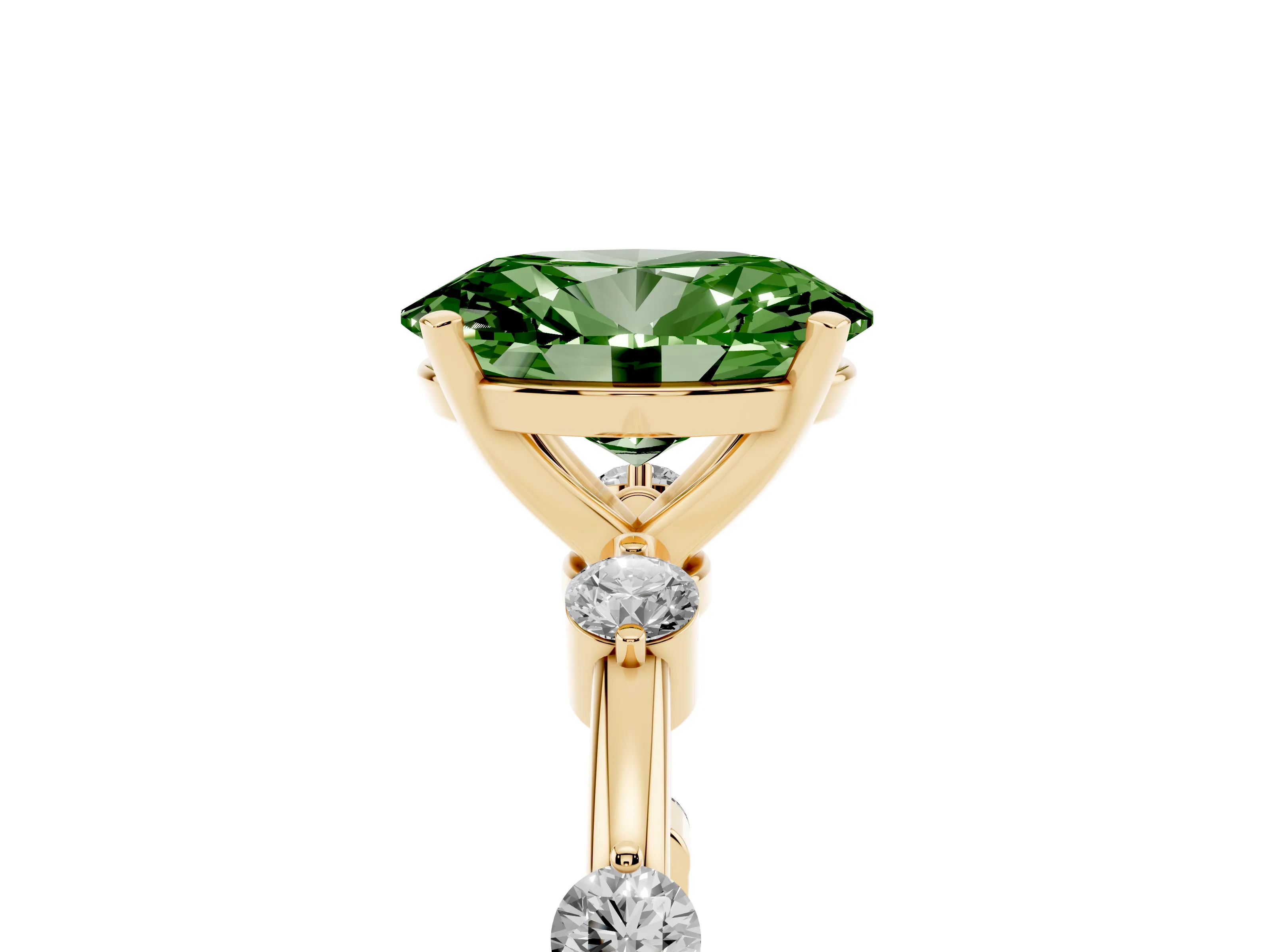 Fancy Green Oval Cut Diamond Solitaire Ring Set in Yellow gold with Bezel Set Side Stones and Prong Setting