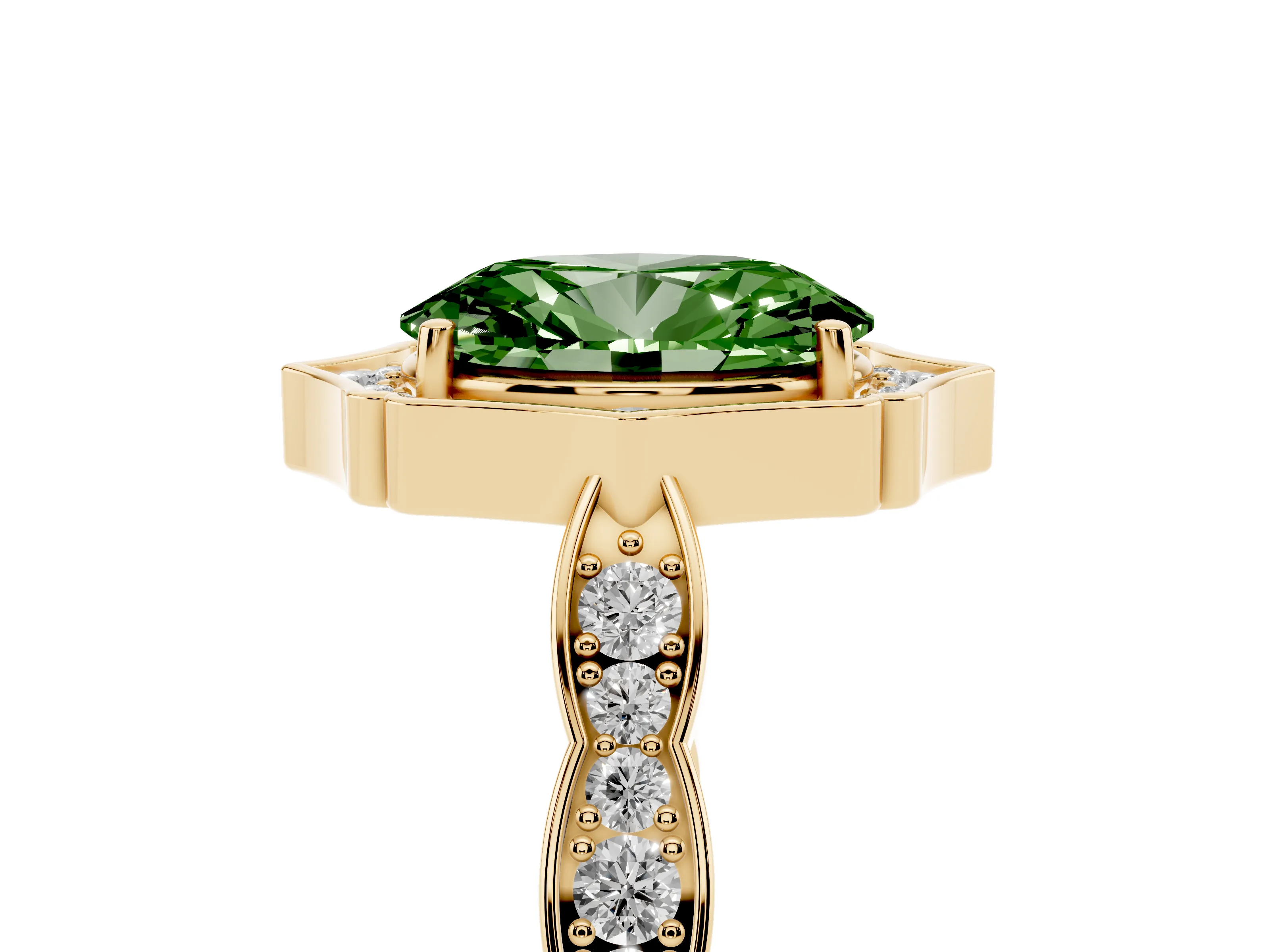 Fancy Green Oval Cut Diamond Halo Engagement Ring Set in Yellow gold with Milgrain Band and Prong Setting