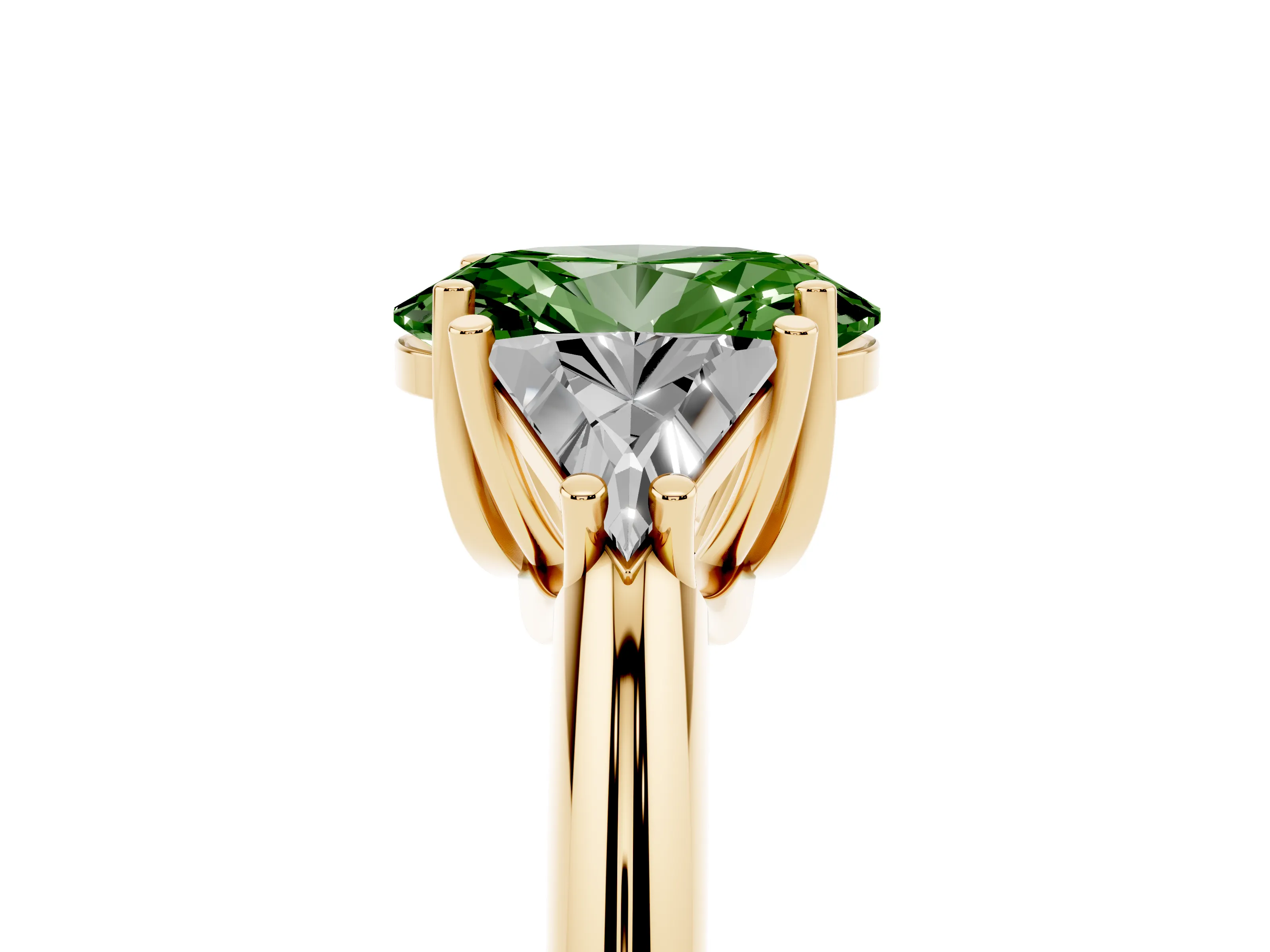 Fancy Green Oval Cut Diamond Three-Stone Engagement Ring Set in Yellow gold with Trillion Side Stones