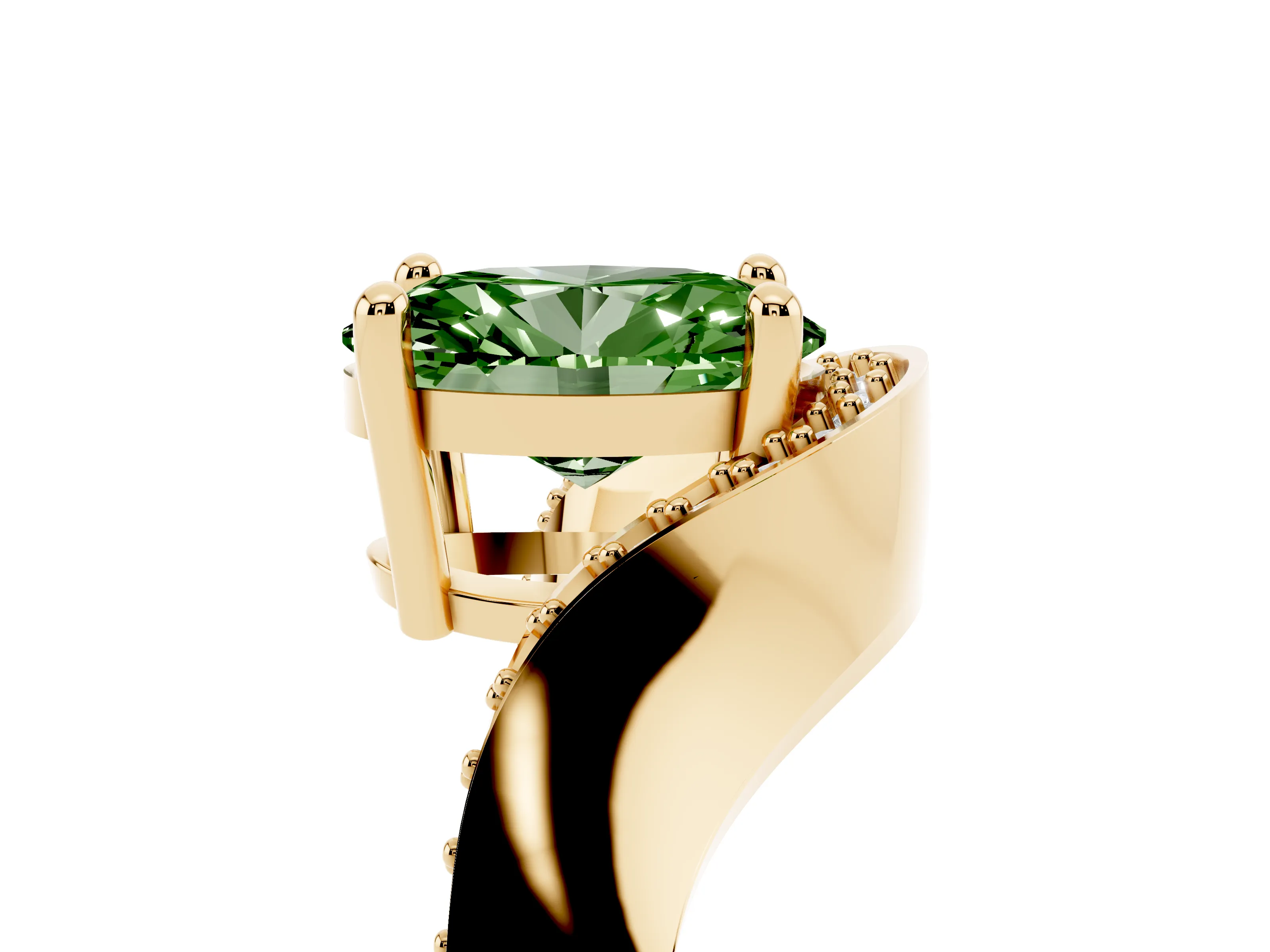 Fancy Green Oval Cut Diamond Solitaire Engagement Ring Set in Yellow gold with Pavé Shoulders