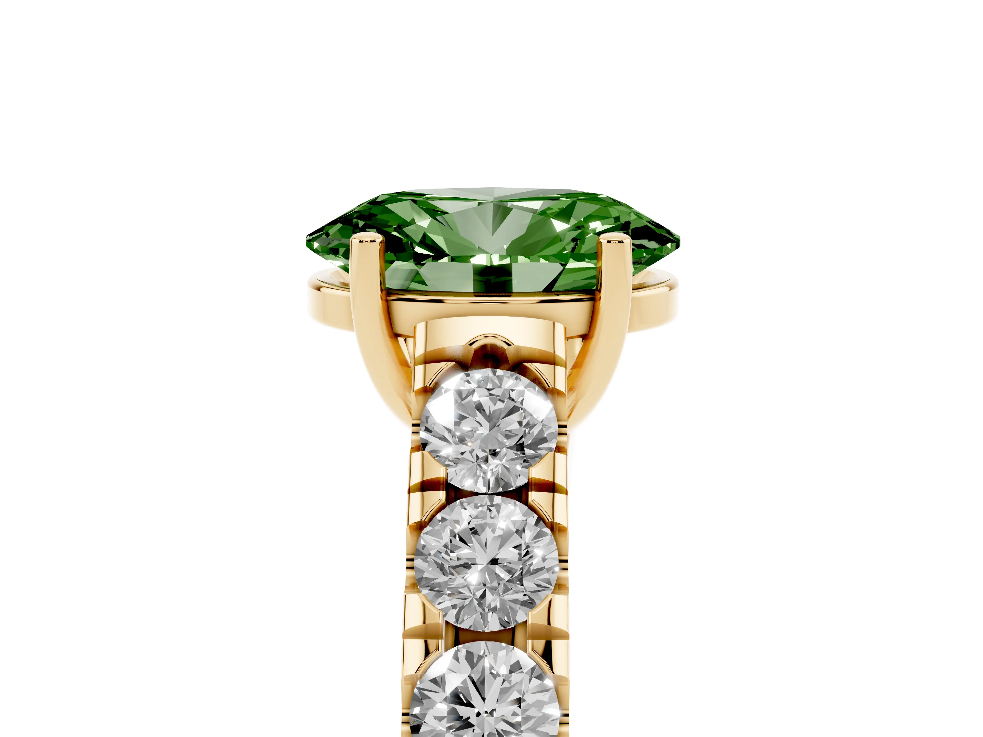 Fancy Green Oval Cut Diamond Solitaire Ring Set in Yellow gold with Cut-Down Micro Pavé Band and Prong Setting