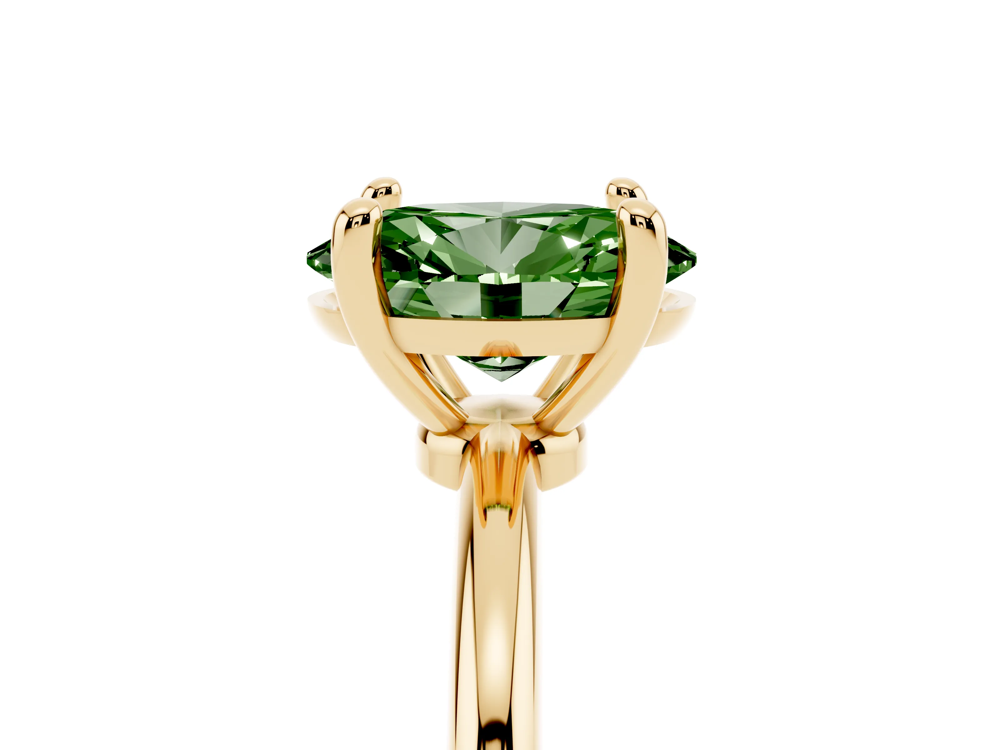 Fancy Green Oval Cut Diamond Solitaire Ring Set in Yellow gold with Secure Prong Setting on a Classic Band