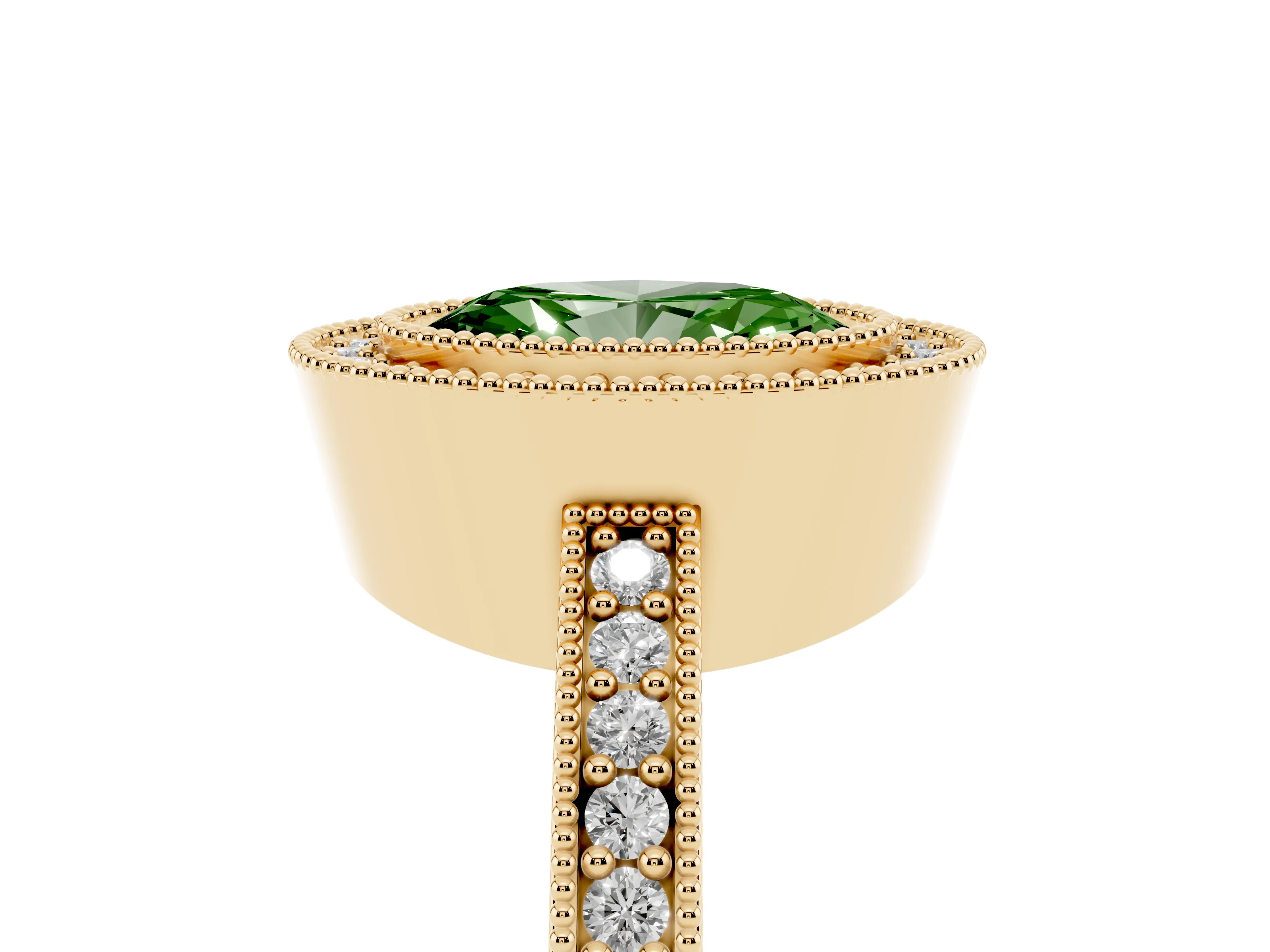 Fancy Green Oval Cut Diamond Halo Engagement Ring Set in Yellow gold with Pavé Band and Round Halo Stones