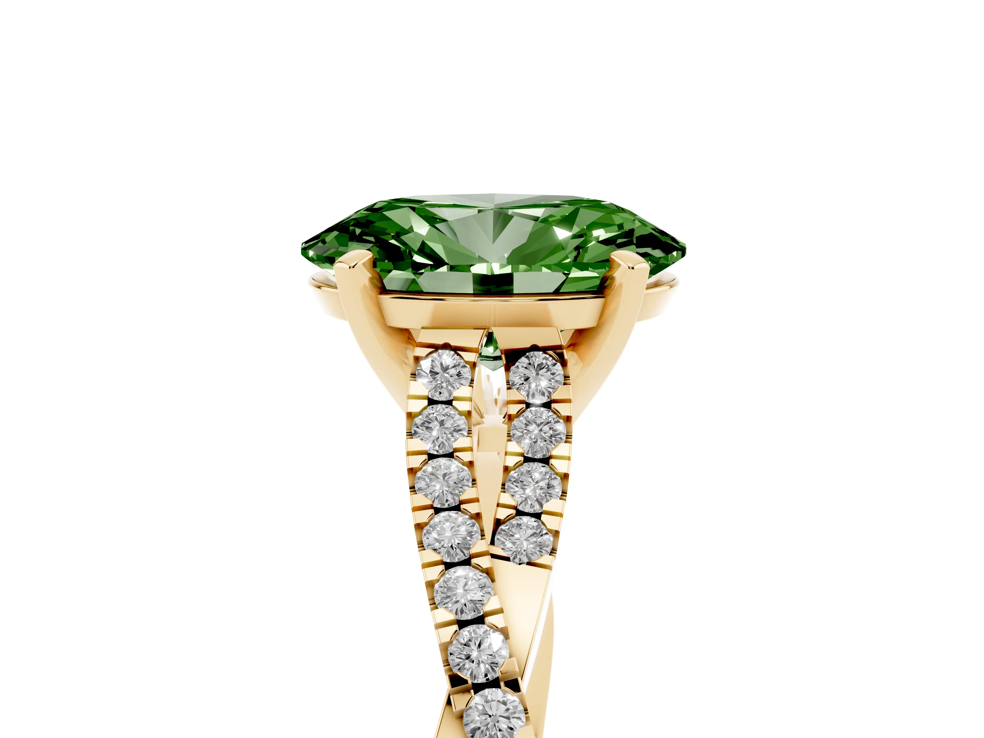 Fancy Green Oval Cut Diamond Solitaire Engagement Ring Set in Yellow gold with Twisted Pavé Band and Prong Setting
