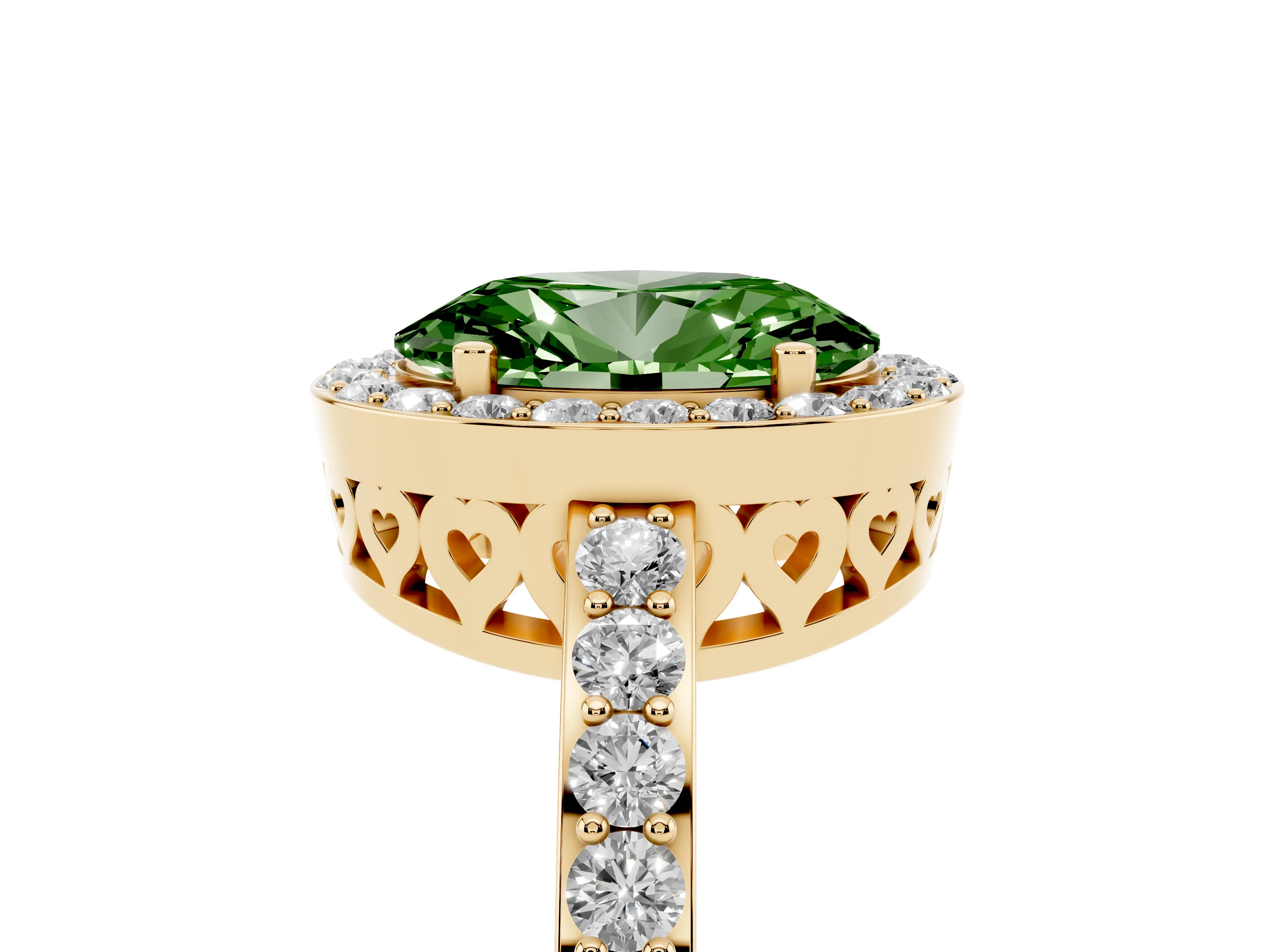 Fancy Green Oval Cut Diamond Halo Ring Set in Yellow gold with Pavé-Setting Band and Open Prong Center