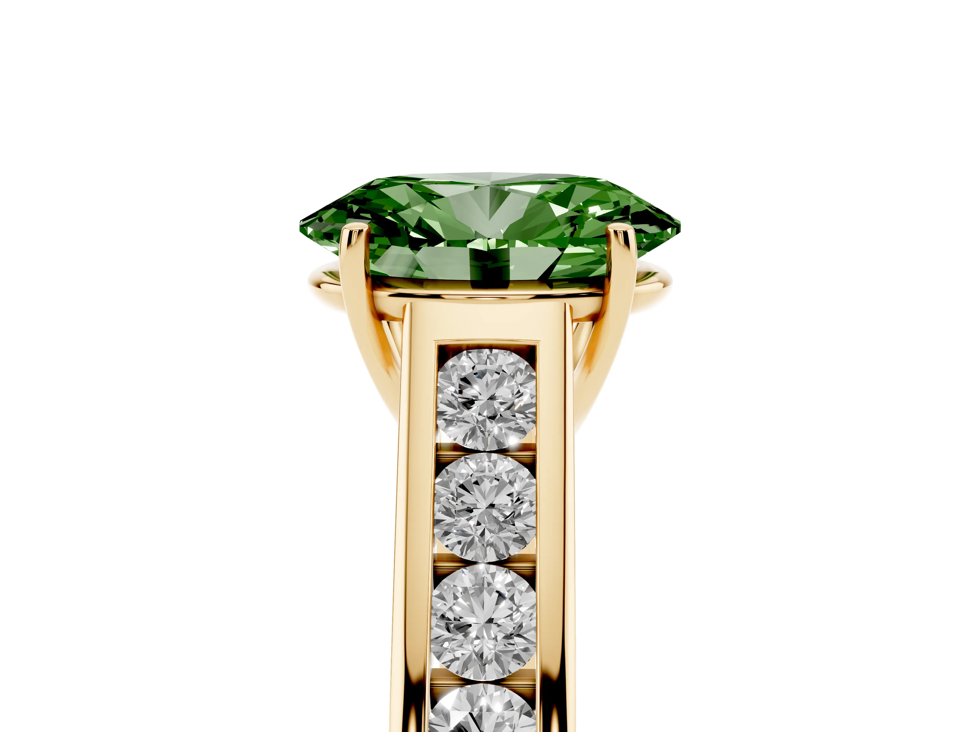Fancy Green Oval Cut Diamond Solitaire Channel-Set Engagement Ring Set in Yellow gold with Prong Setting