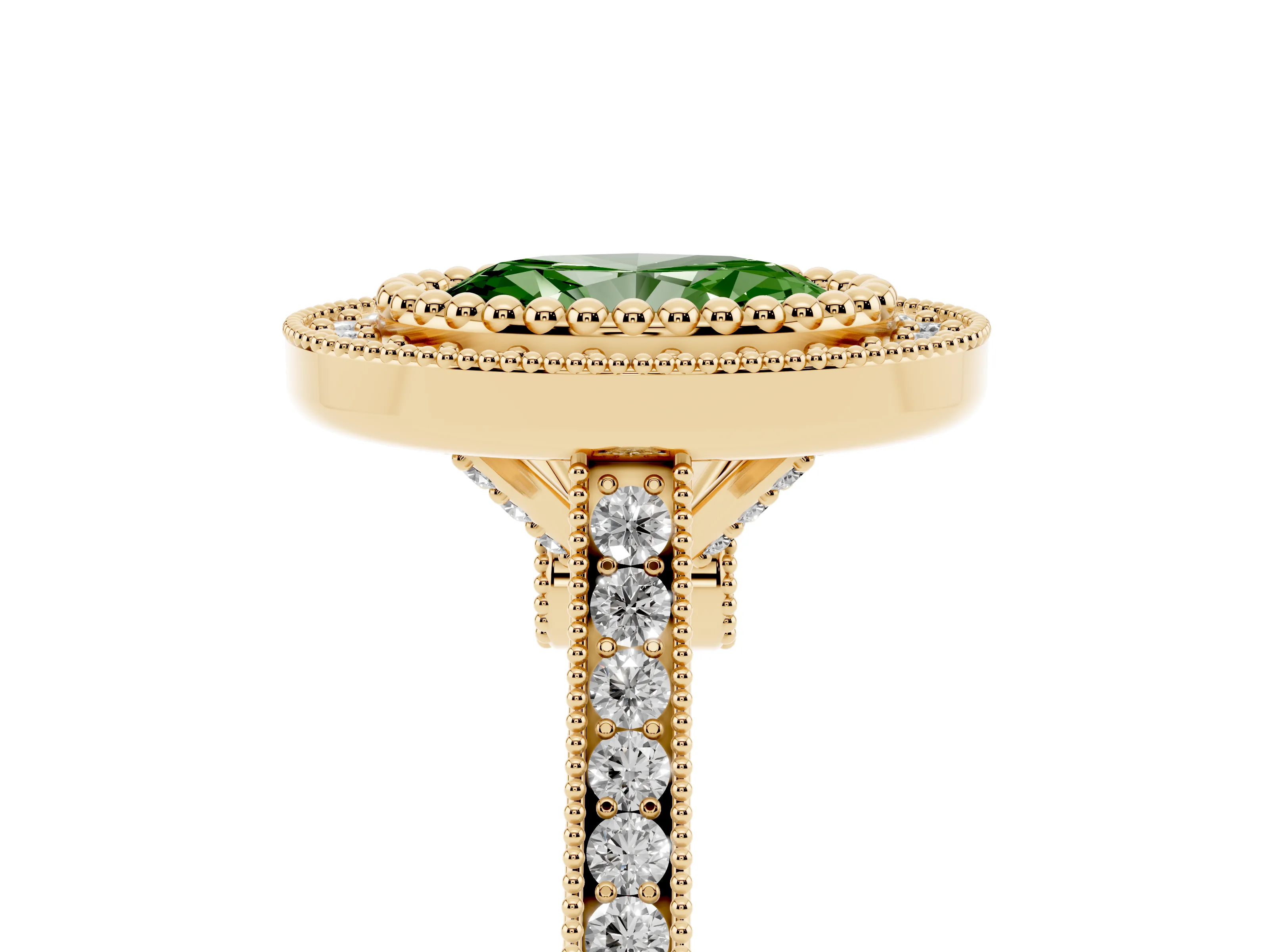 Fancy Green Oval Cut Diamond Halo Ring Set in Yellow gold with Milgrain Frame and Pavé Band