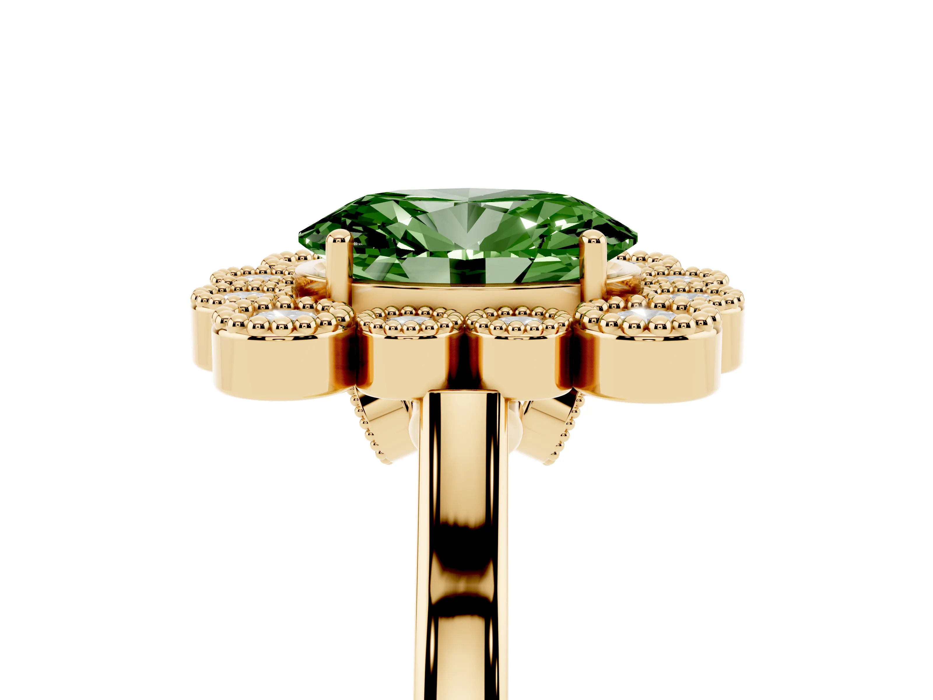 Fancy Green Oval Cut Diamond Cluster Halo Ring Set in Yellow gold with Milgrain Bezel Accents and Plain Band