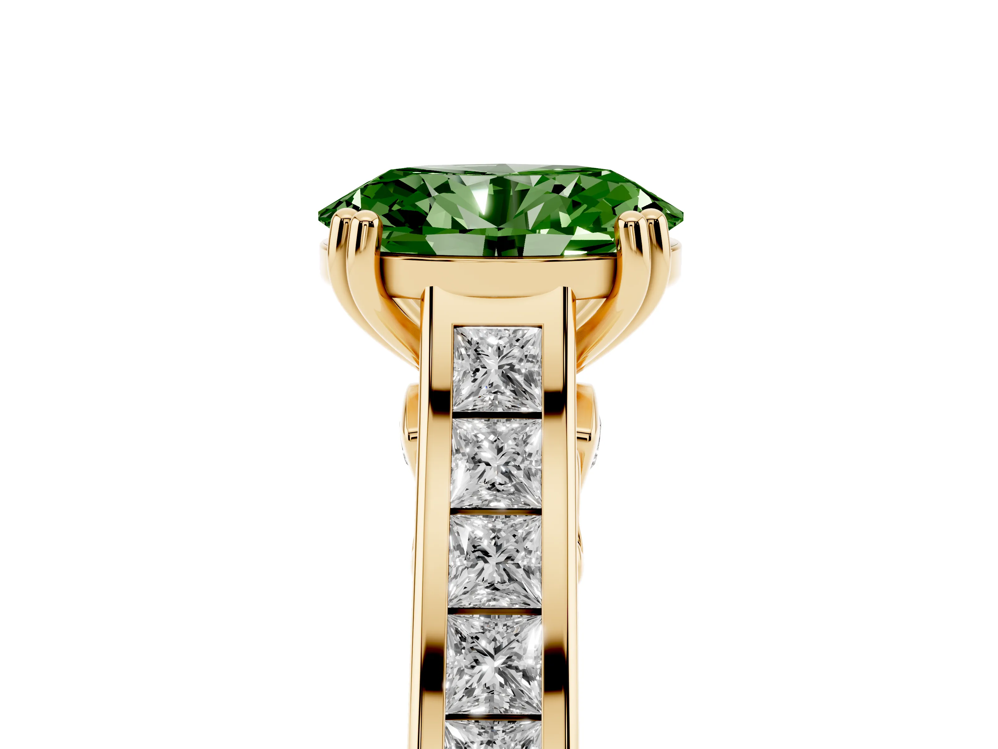 Fancy Green Oval Cut Diamond Channel Set Solitaire Engagement Ring Set in Yellow gold with Prong Setting