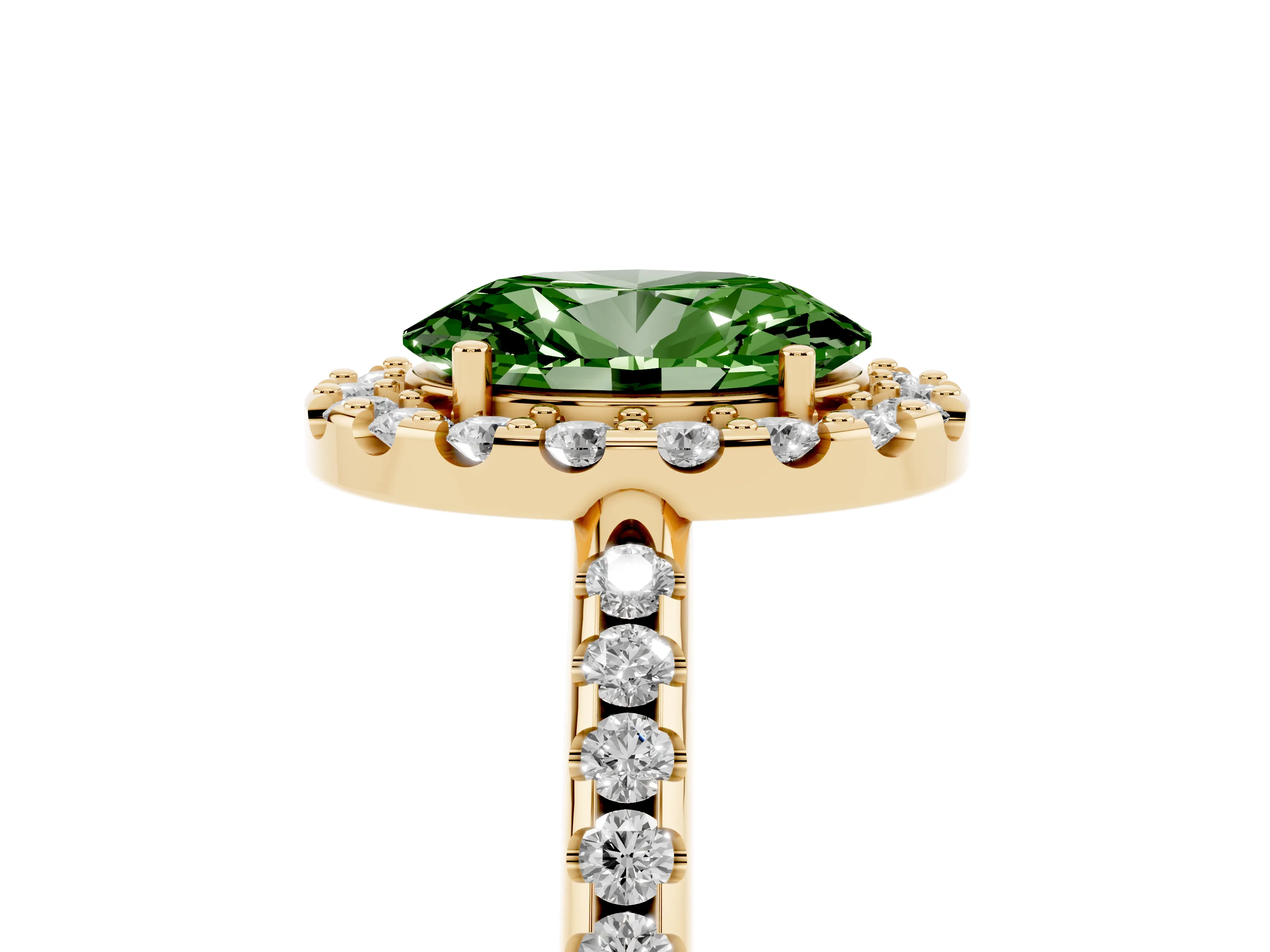 Fancy Green Oval Cut Diamond Pavé Halo Ring Set in Yellow gold with Prong Setting