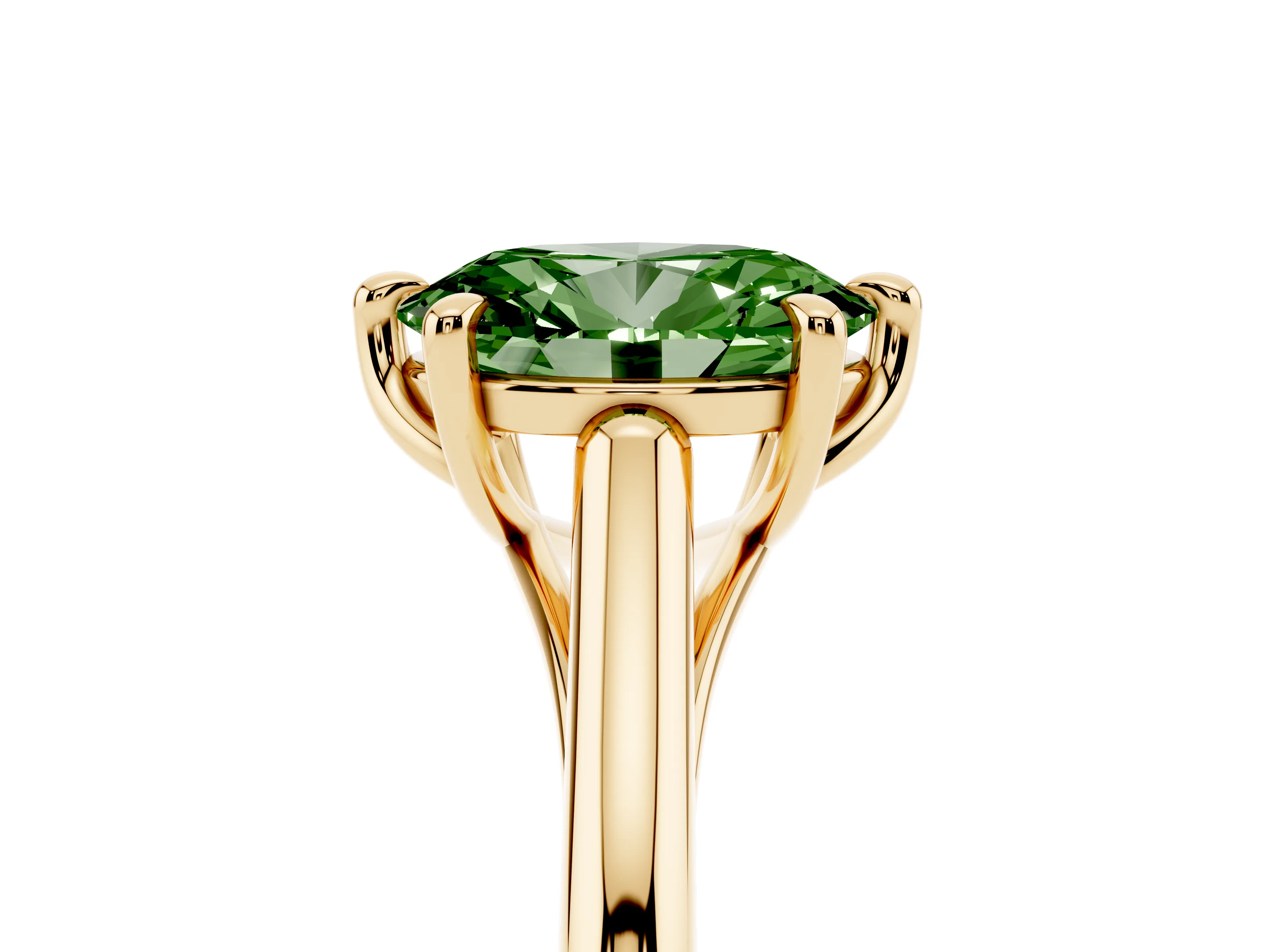 Fancy Green Oval Cut Diamond Solitaire Engagement Ring Set in Yellow gold with Prong Setting and Plain Classic Band