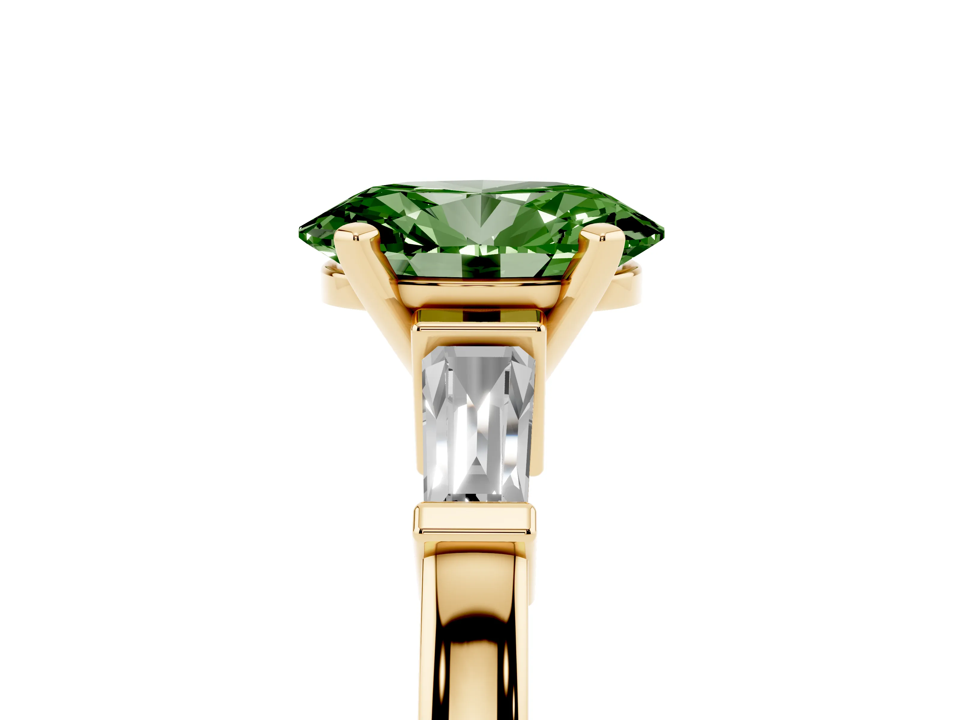 Fancy Green Oval Cut Diamond Solitaire Ring Set in Yellow gold with Tapered Baguette Accents and Prong Setting