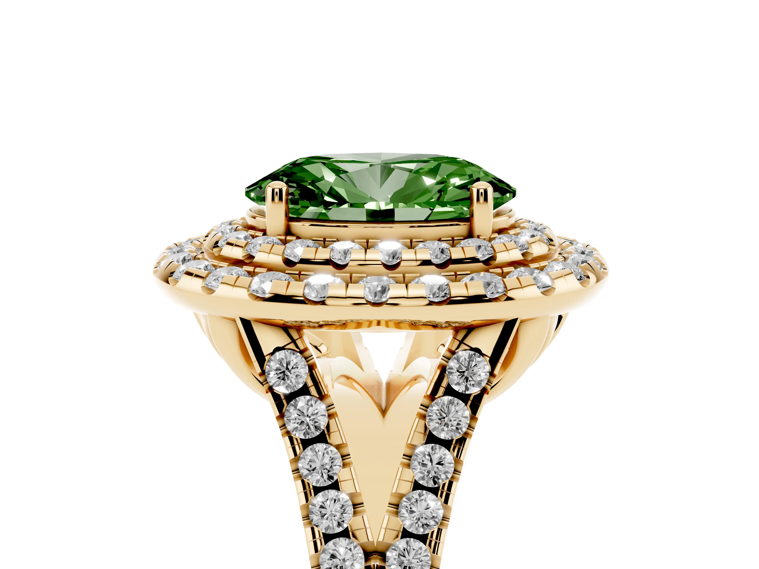 Fancy Green Oval Cut Diamond Double Halo Ring Set in Yellow gold with Pavé Split Shank and Prong Setting