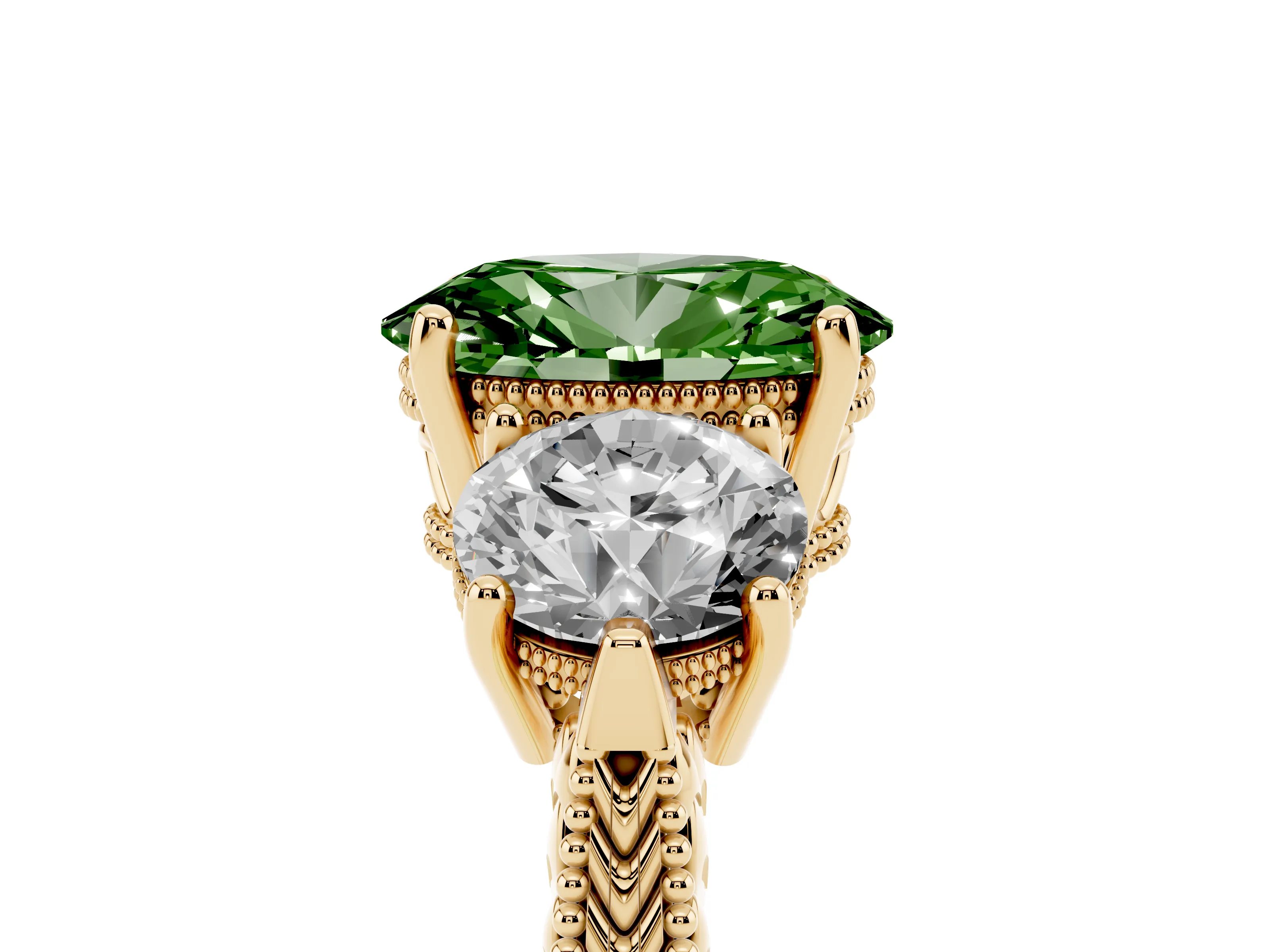 Fancy Green Oval Cut Diamond Three-Stone Ring Set in Yellow gold with Milgrain Band