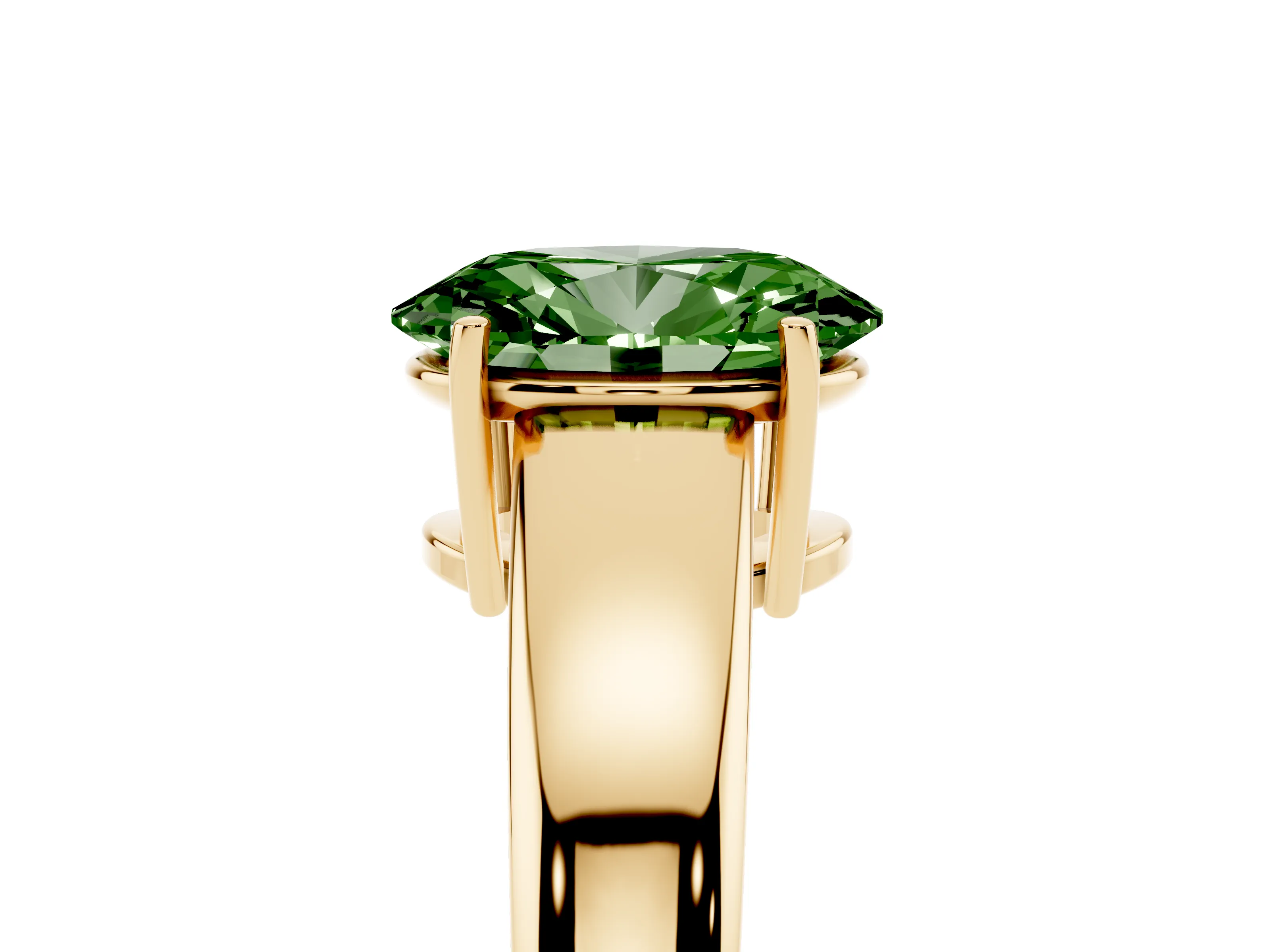 Fancy Green Oval Cut Diamond Solitaire Ring Set in Yellow gold with Tapered Band and Prong Setting