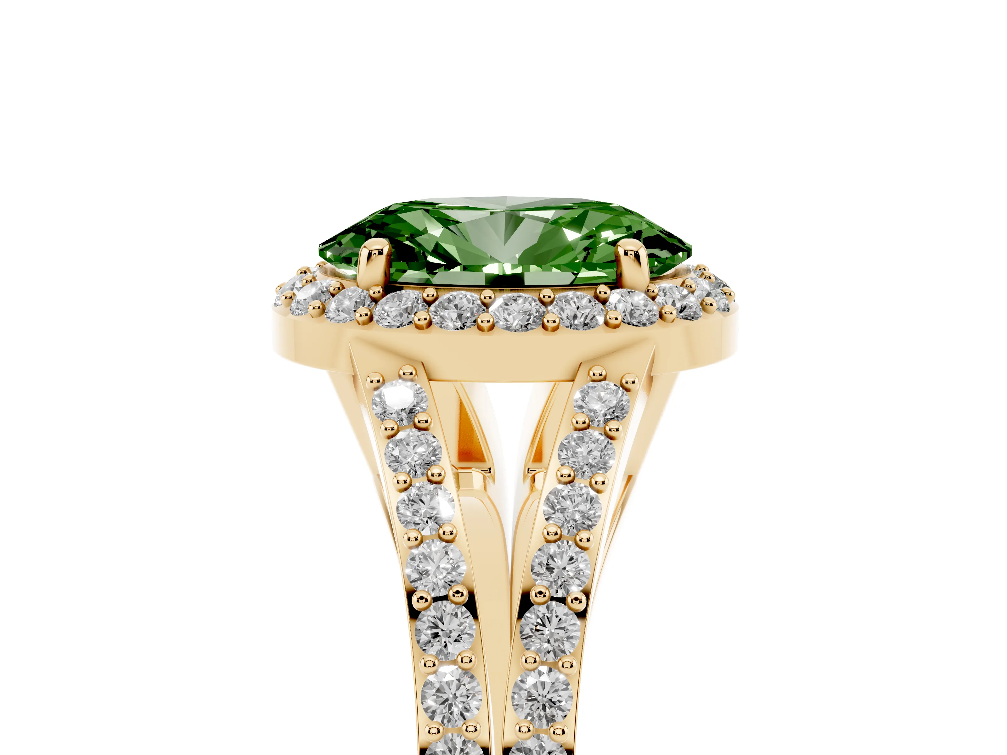 Fancy Green Oval Cut Diamond Halo Split Shank Ring Set in Yellow gold with Accent Stones and Prong Setting