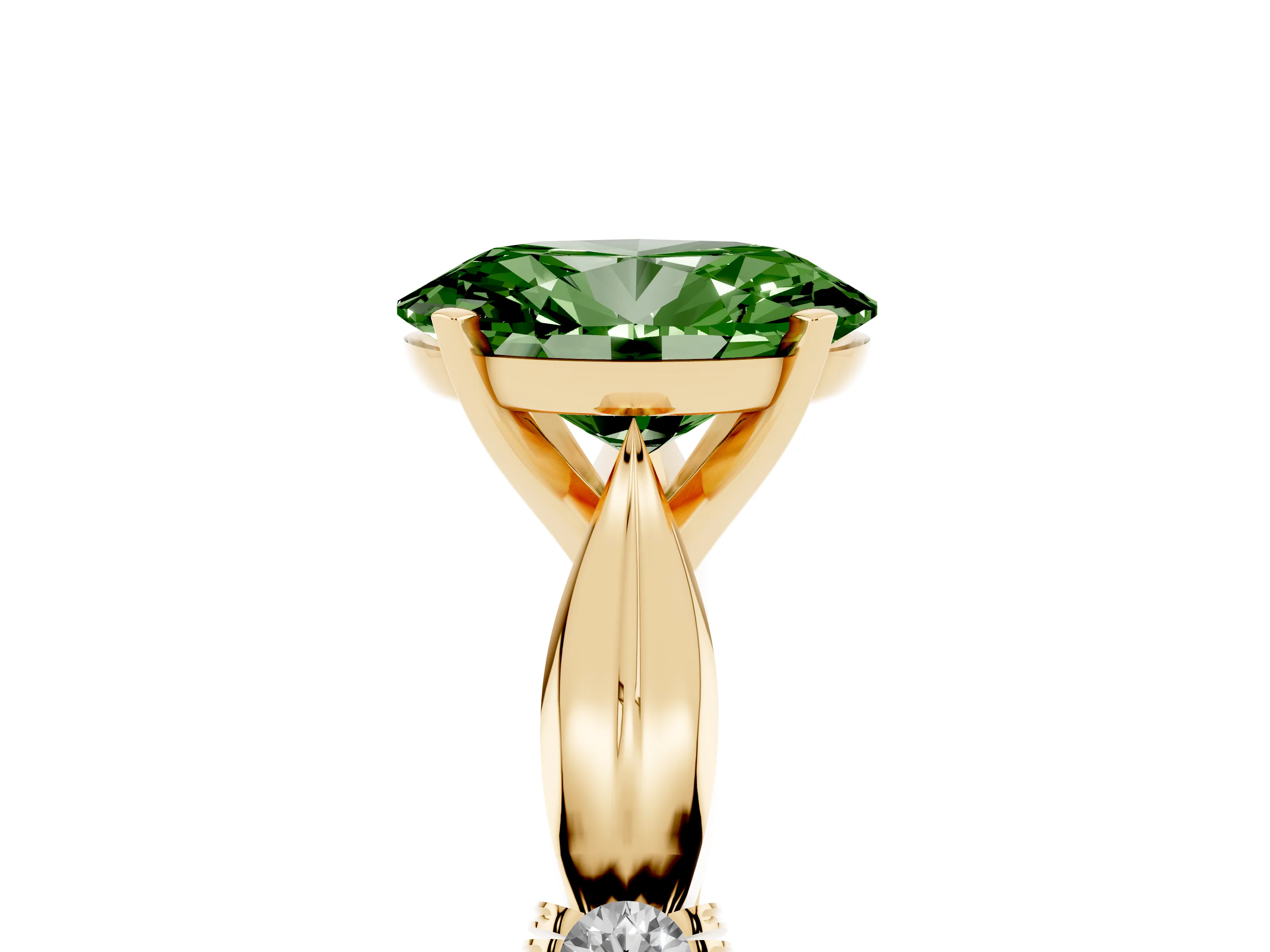 Fancy Green Oval Cut Diamond Solitaire Twisted Band Ring Set in Yellow gold with Accent Stones and Prong Setting