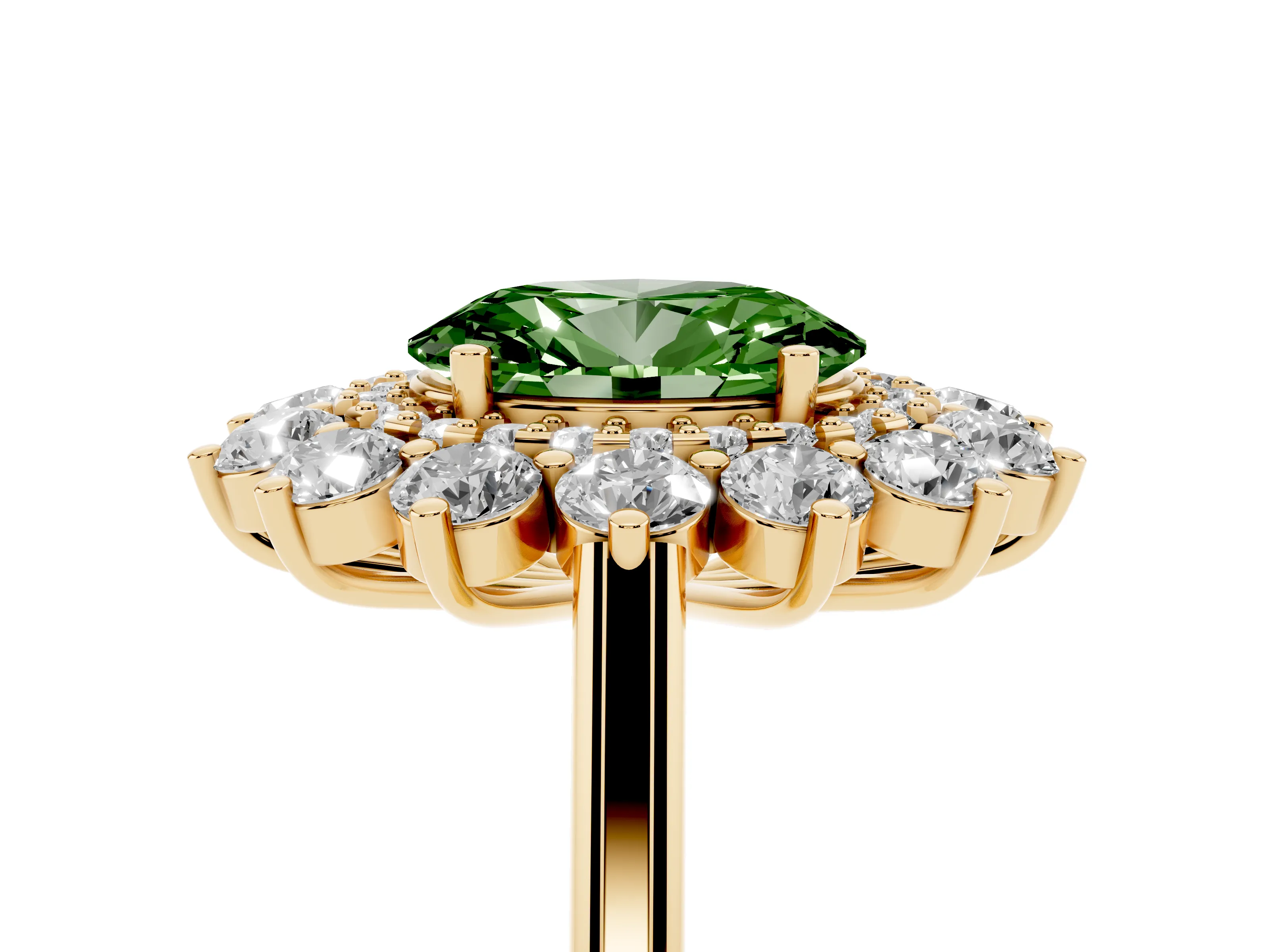 Fancy Green Oval Cut Diamond Floral Double Halo Ring Set in Yellow gold with Round Petals
