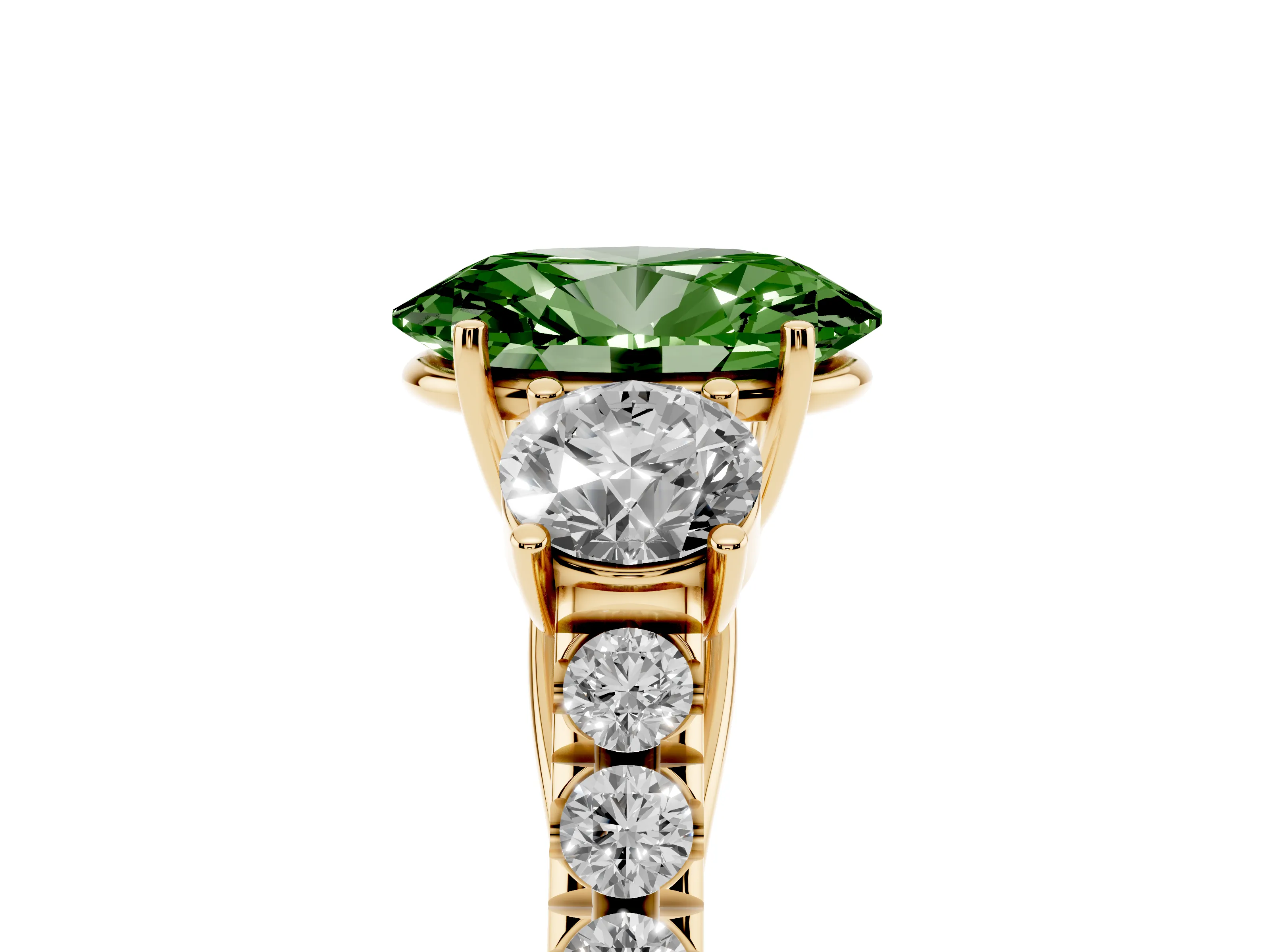 Fancy Green Oval Cut Diamond Three-Stone Ring Set in Yellow gold with Round Side Stones and Delicate Pavé Band