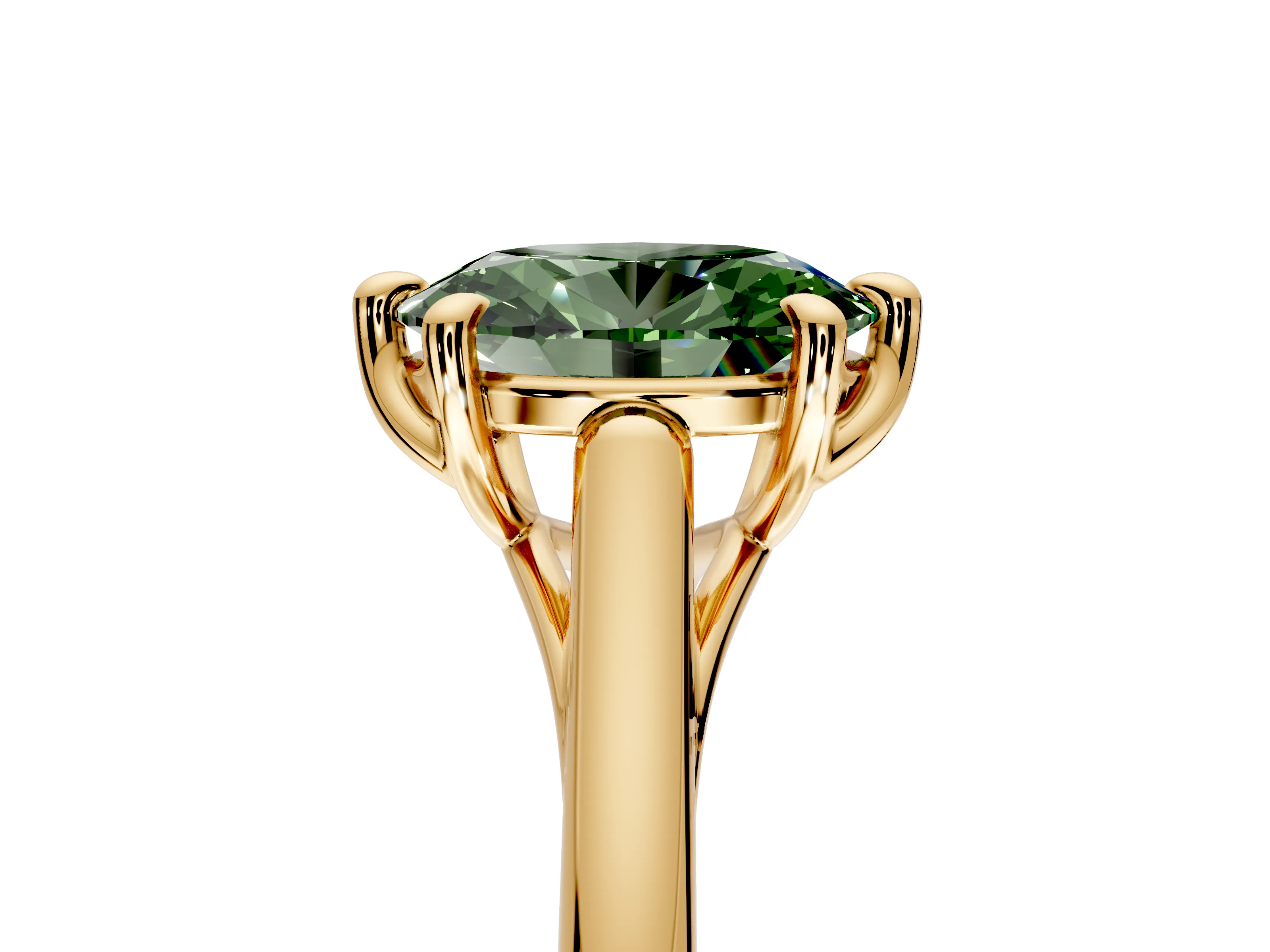 Solitaire Engagement Ring Setting for Fancy Green Oval Center with Cathedral Band and Prong Head in Yellow Gold