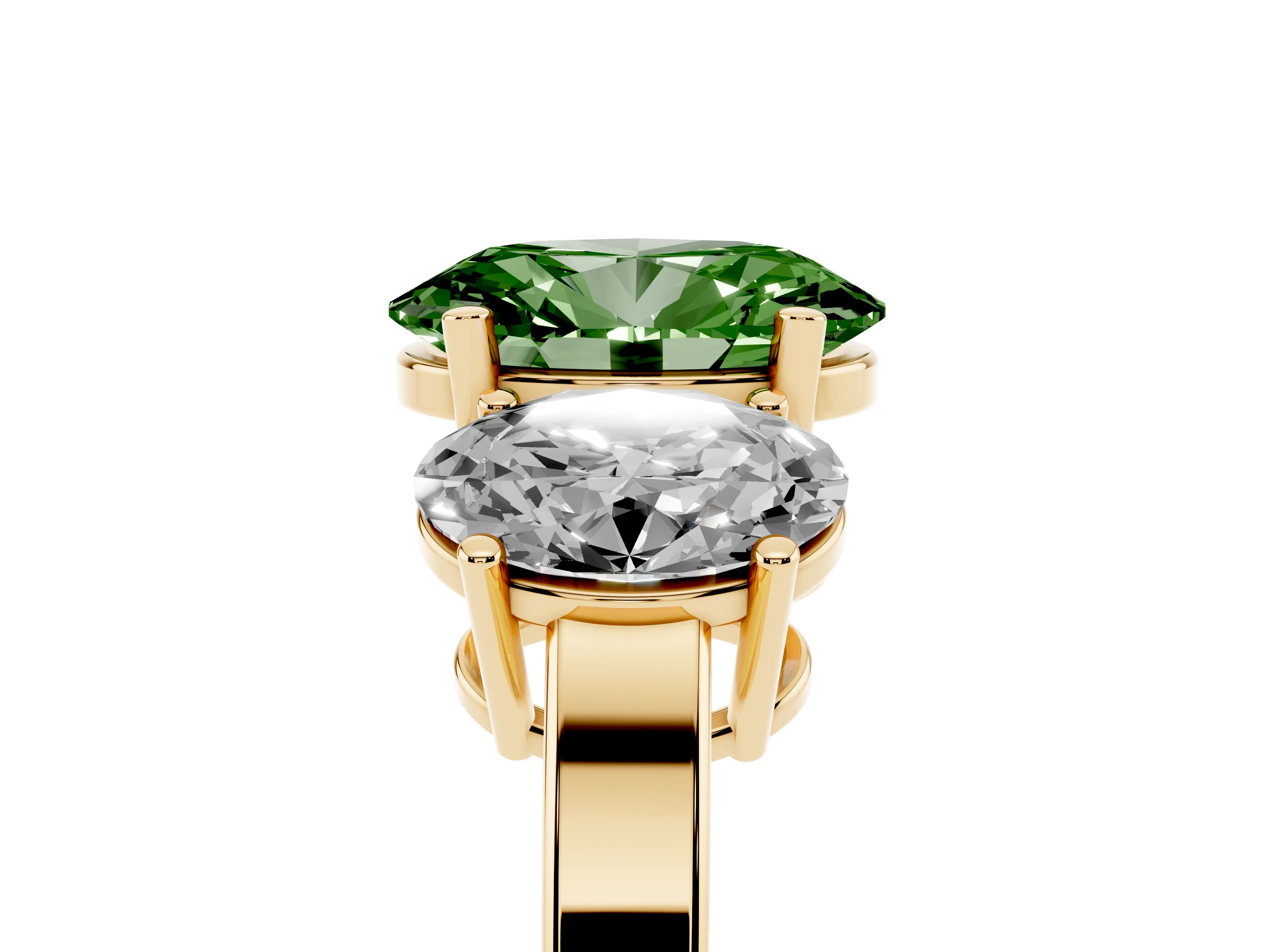 Fancy Green Oval Cut Diamond Three-Stone Engagement Ring Set in Yellow gold with Flat Band